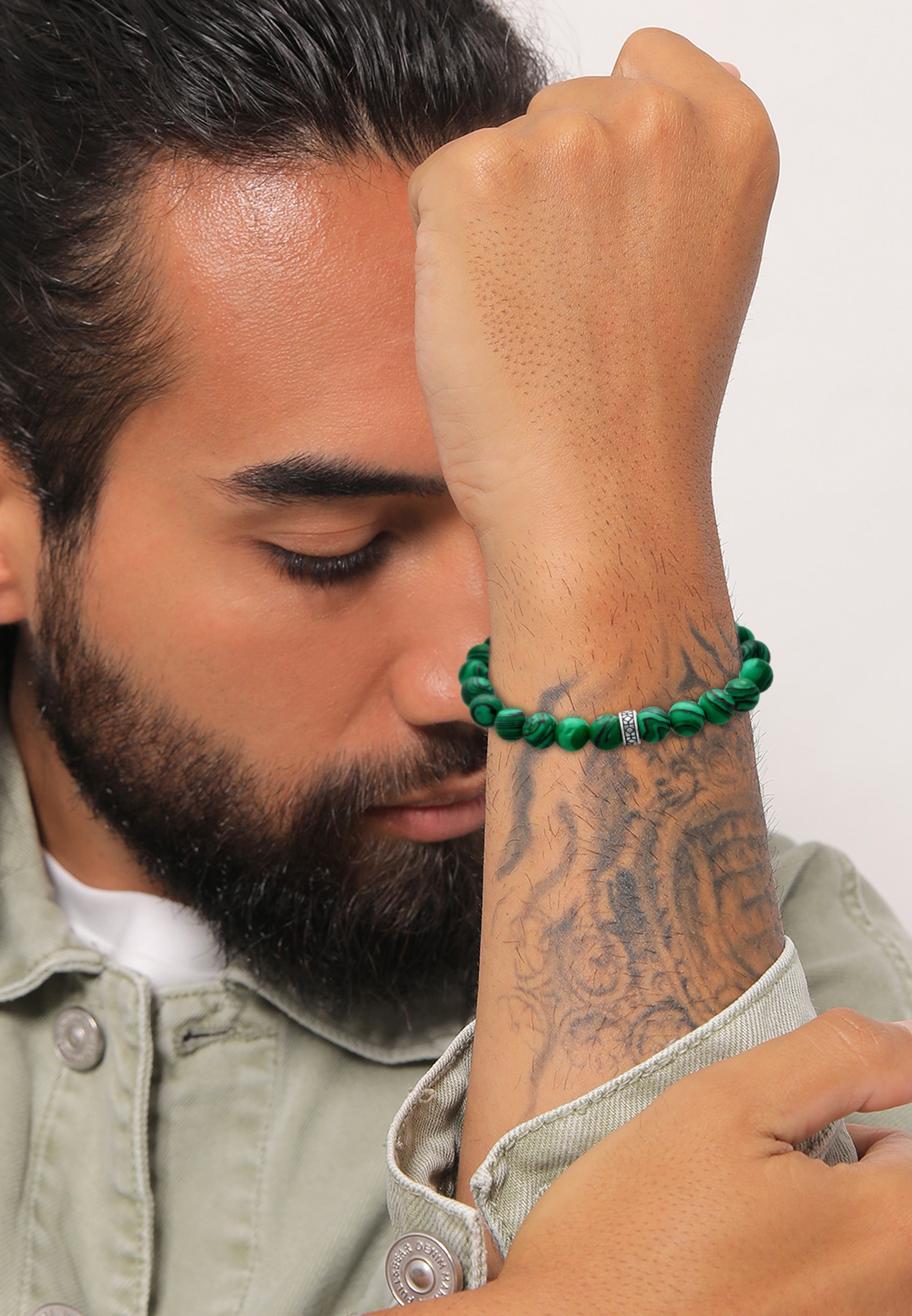 Kuzzoi Armkette »Armband Herren synth. Malachit Bead Oxidiert 925 Silber«