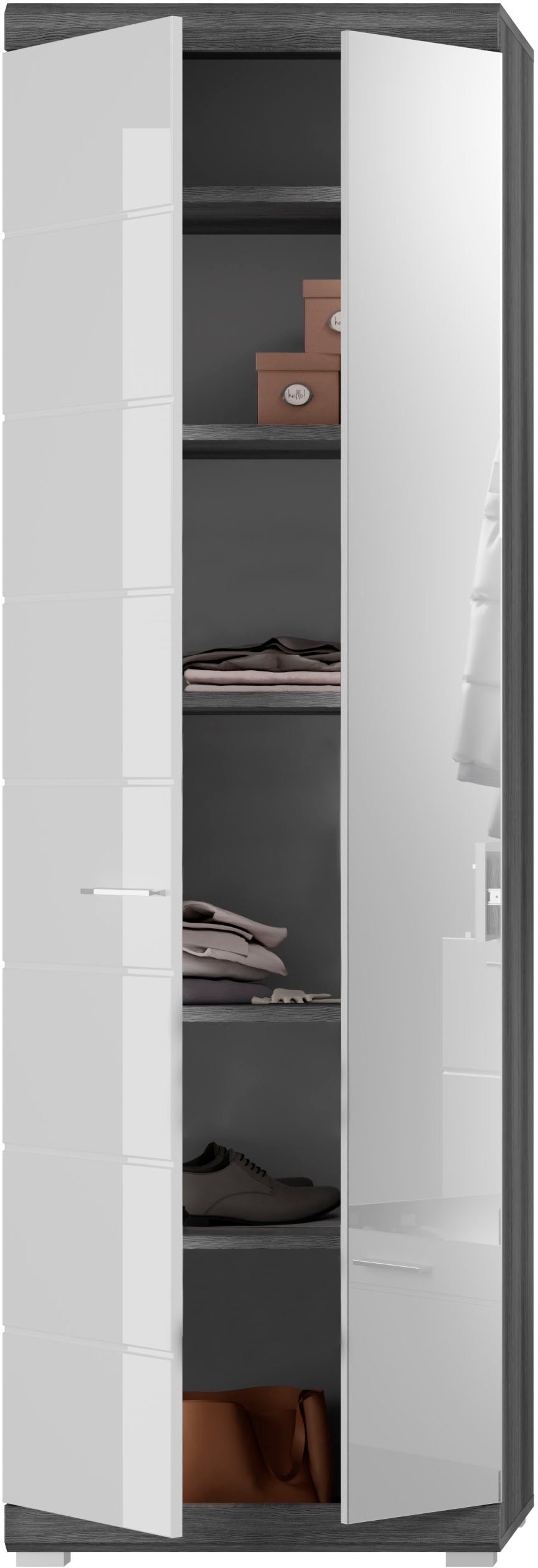 INOSIGN Garderobenschrank »Siena, Höhe 197cm, 2 Türen, 4 Einlegeböden, ausziehbare Kleiderstange«, Front-Rillenfräsung, Stauraumschrank, Flurschrank, Dielenschrank