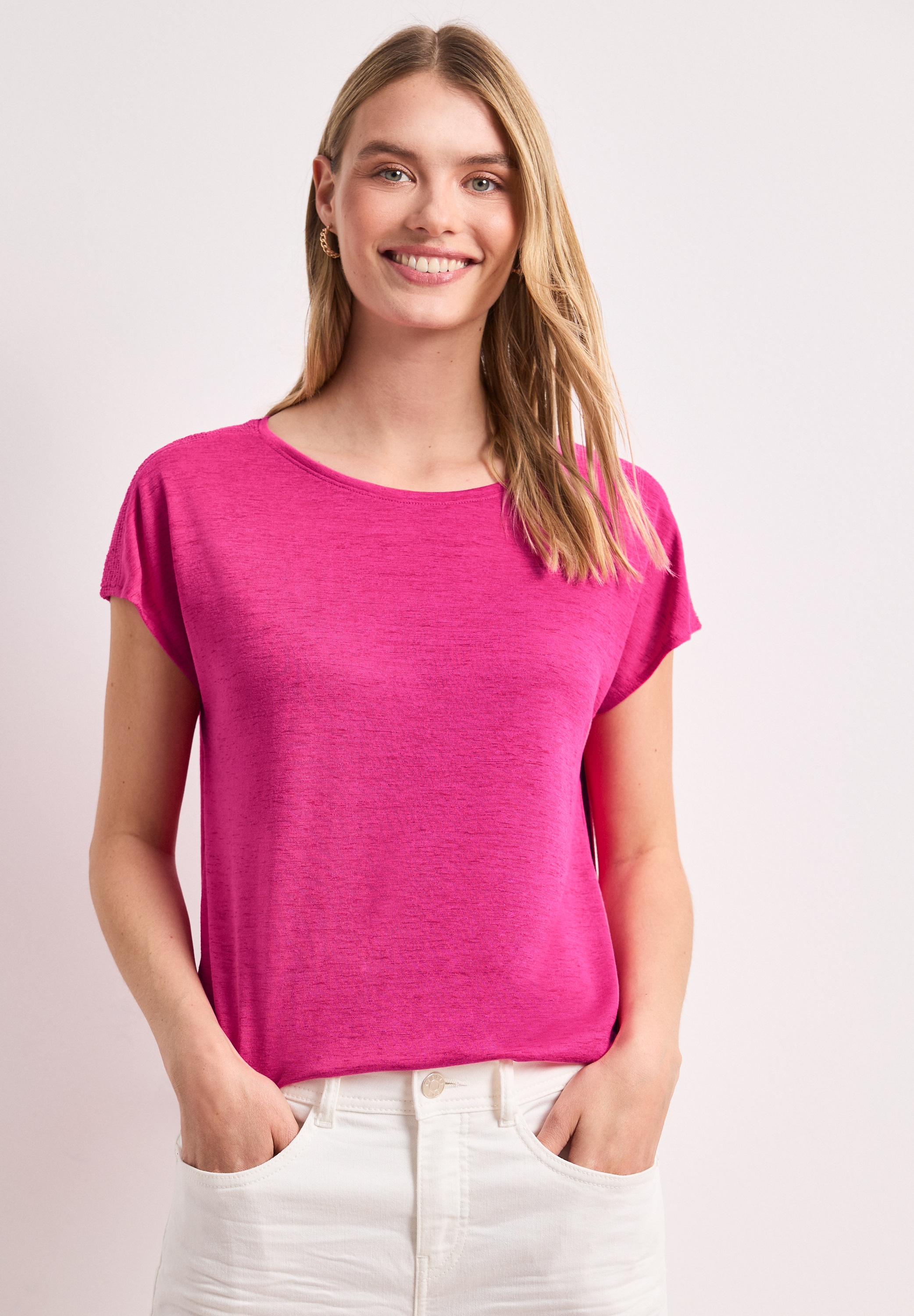 STREET ONE Shirttop Sommershirt mit Boat Neck und Smok-Detail