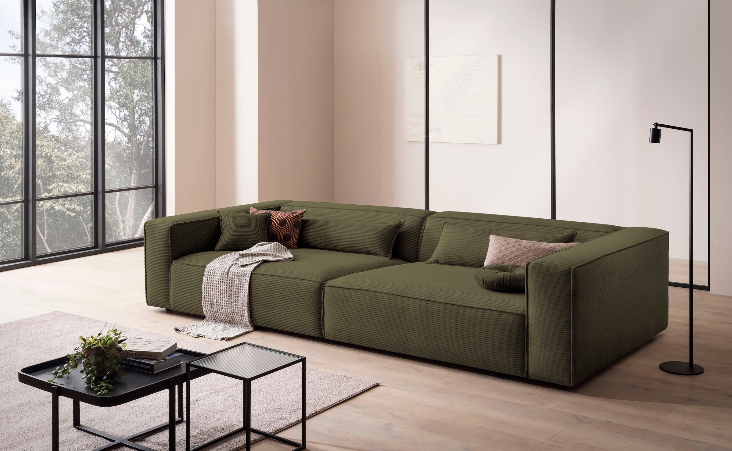 LeGer Home by Lena Gercke 3-Sitzer »PIARA, XXL Sofa mit Kedernaht, Big-Sofa in Cord oder Leinenoptik«, schwarze Füße, bequemer Sitzkomfort, extra tiefe Sitzfläche
