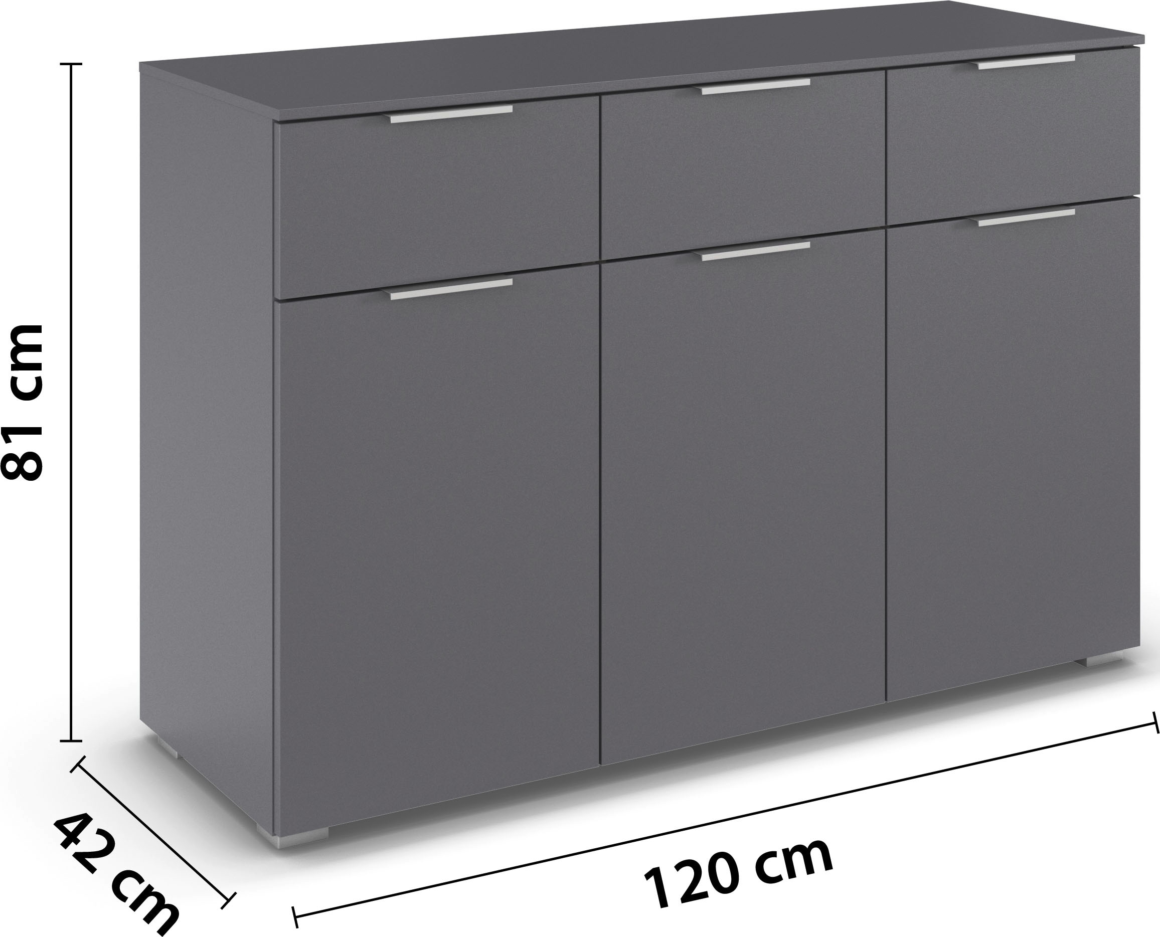 rauch Kombikommode »Sideboard Schubladenkommode CORTONA mit Dekor-Front« Breite 120 cm inkl. Soft-Close-Funktion,  mit 3 Schubladen und 3 verstellbaren Einlegeboden MADE IN GERMANY