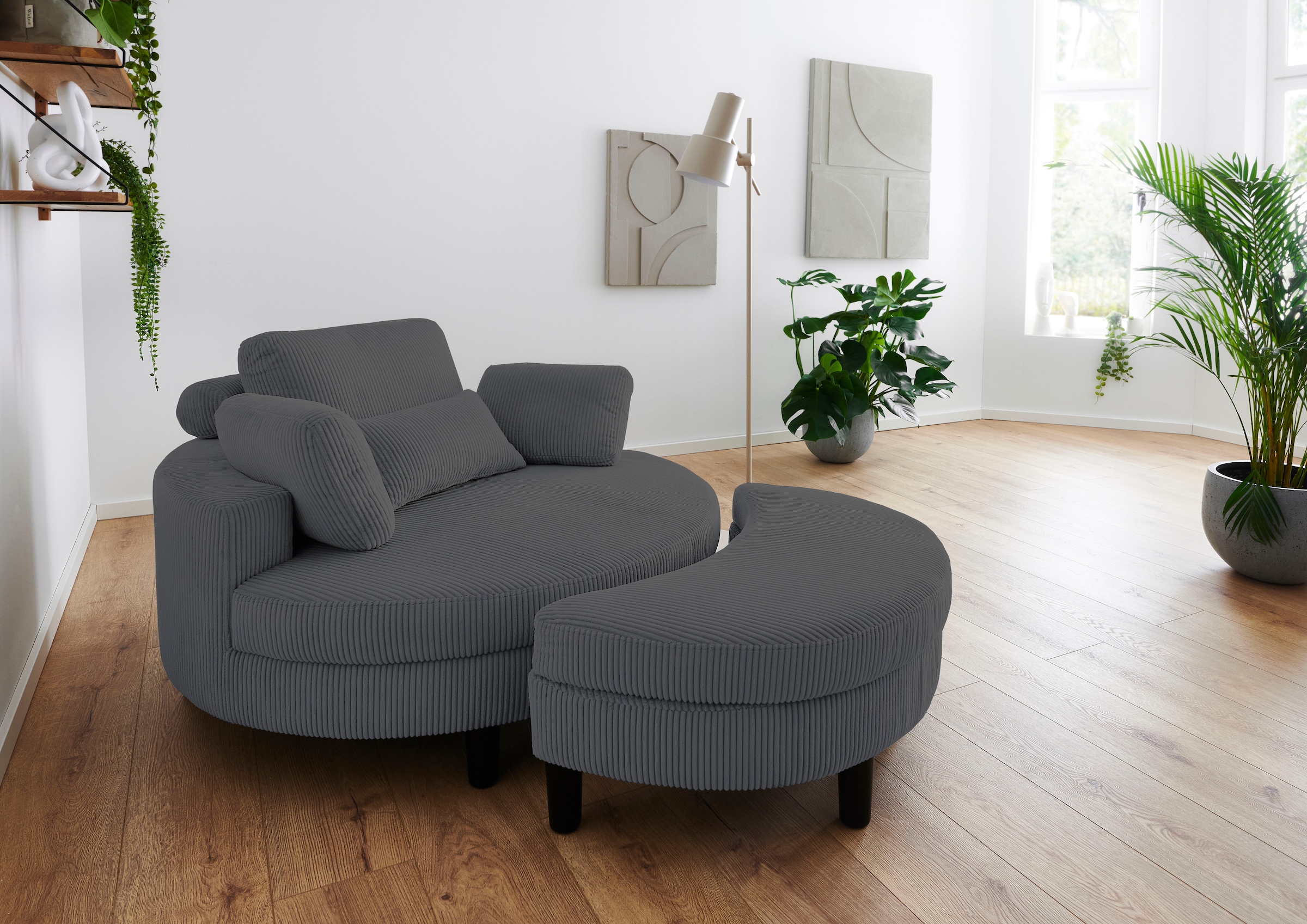 ATLANTIC home collection Loveseat »Ravi«, XXL- Sessel, inklusive Stauraumhocker, Rückenkissen & drei Zierkissen