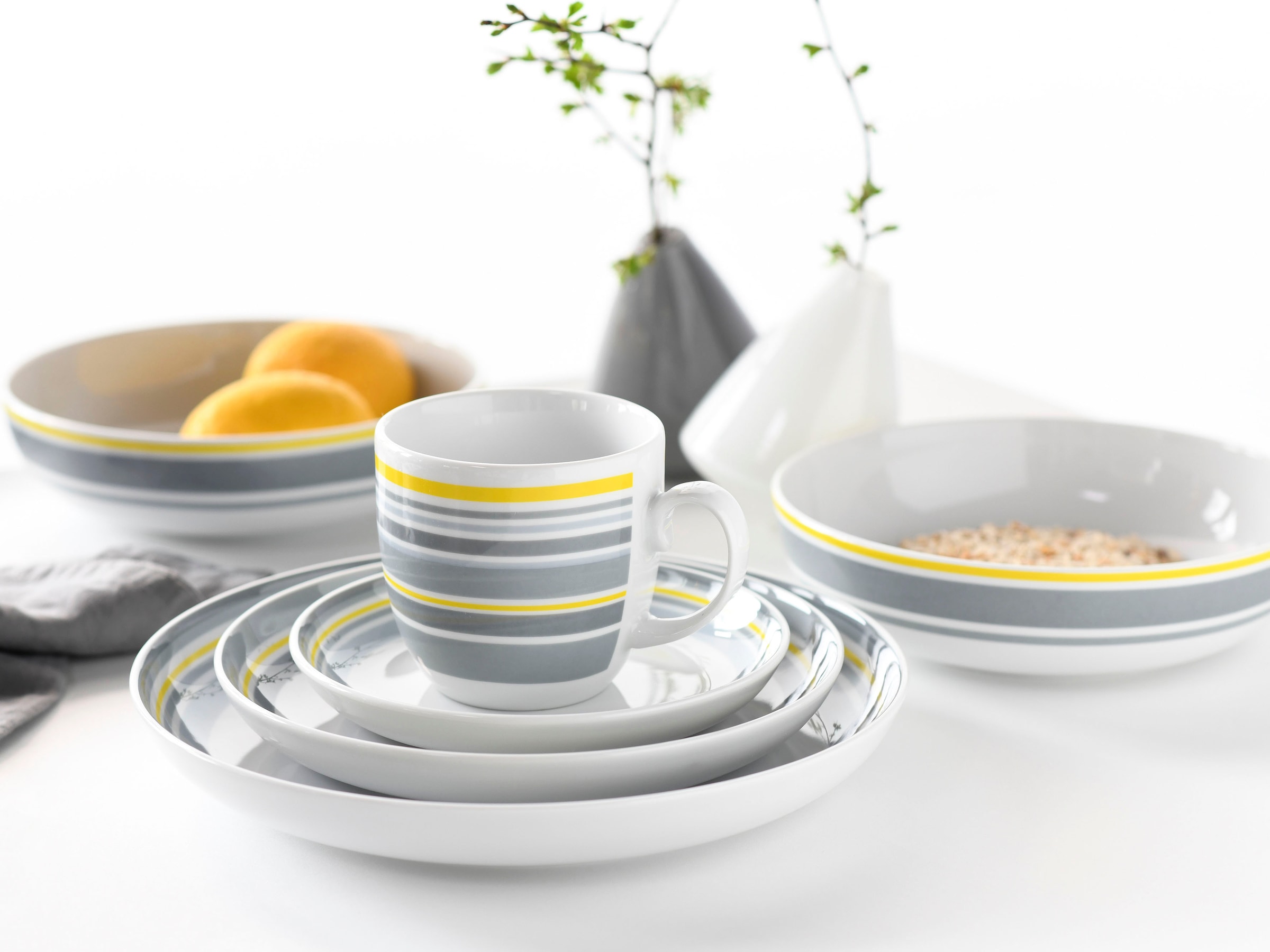 CreaTable Kombiservice »Geschirr-Set Trend Line«, (Set, 10 tlg., Kaffeeservice und Tafelservice im Set, für 2 Personen), Service, mit Bänderdekor in gelb/grau, 10 Teile, für 2 Personen