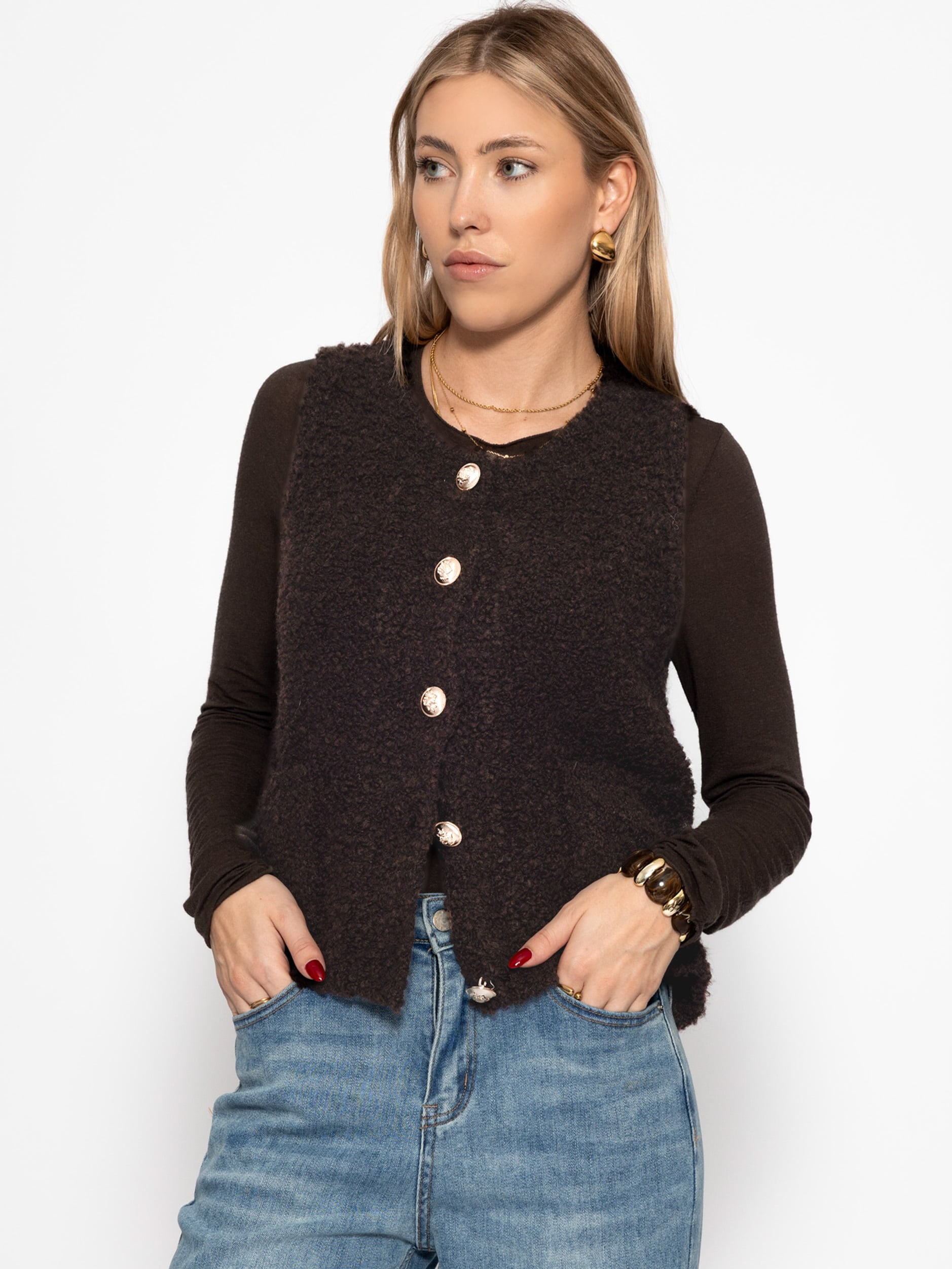 SASSYCLASSY Shirtweste »Bouclé-Weste mit Taschen« Weiche Weste mit goldfarbenen Knöpfen Greige Rosa Schwarz Braun