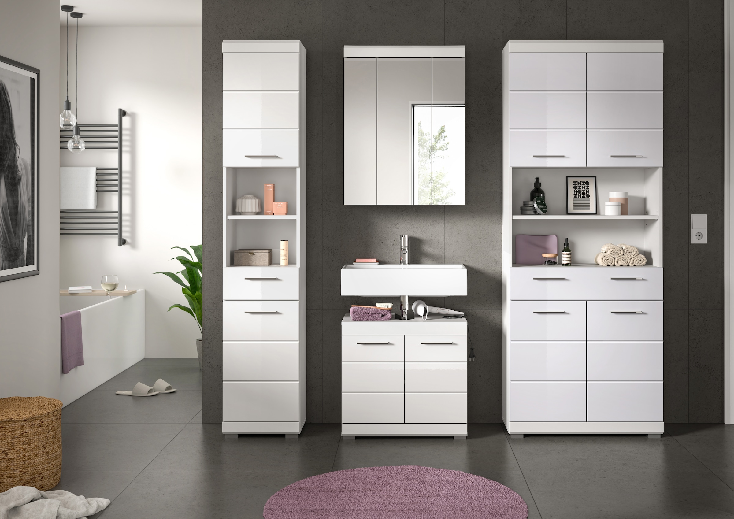 INOSIGN Badmöbel-Set »Siena, 4 teilig, bestehend aus:«, (Set), Hochschrank schmal, WBU, Spiegelschrank, Hochschrank breit