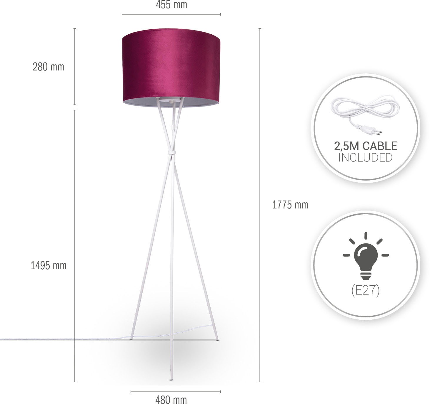 kaufen E27 Höhe OTTO Paco uni Wohnzimmer Velour online Standleuchte bei Filigran Stehlampe Home »Kate 177,5cm Dreibein Color«,