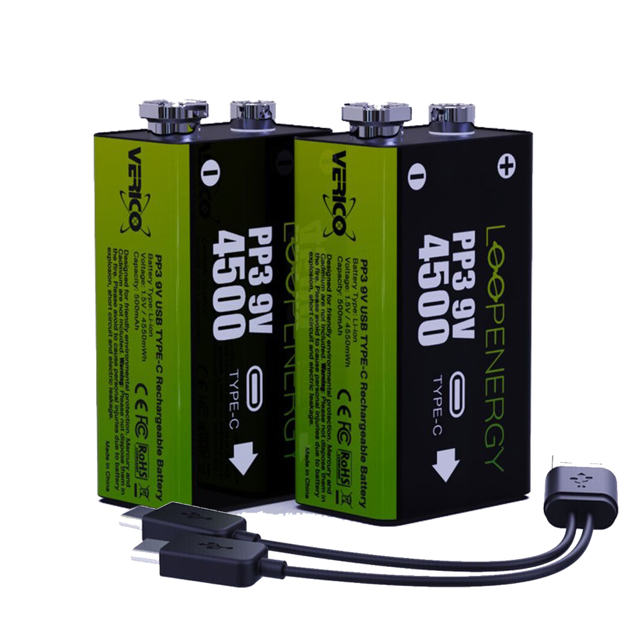 Batterie »Loopenergy 9V (Block)«, 1,5 V, (2 St.), USB-C Kabel im Lieferumfang