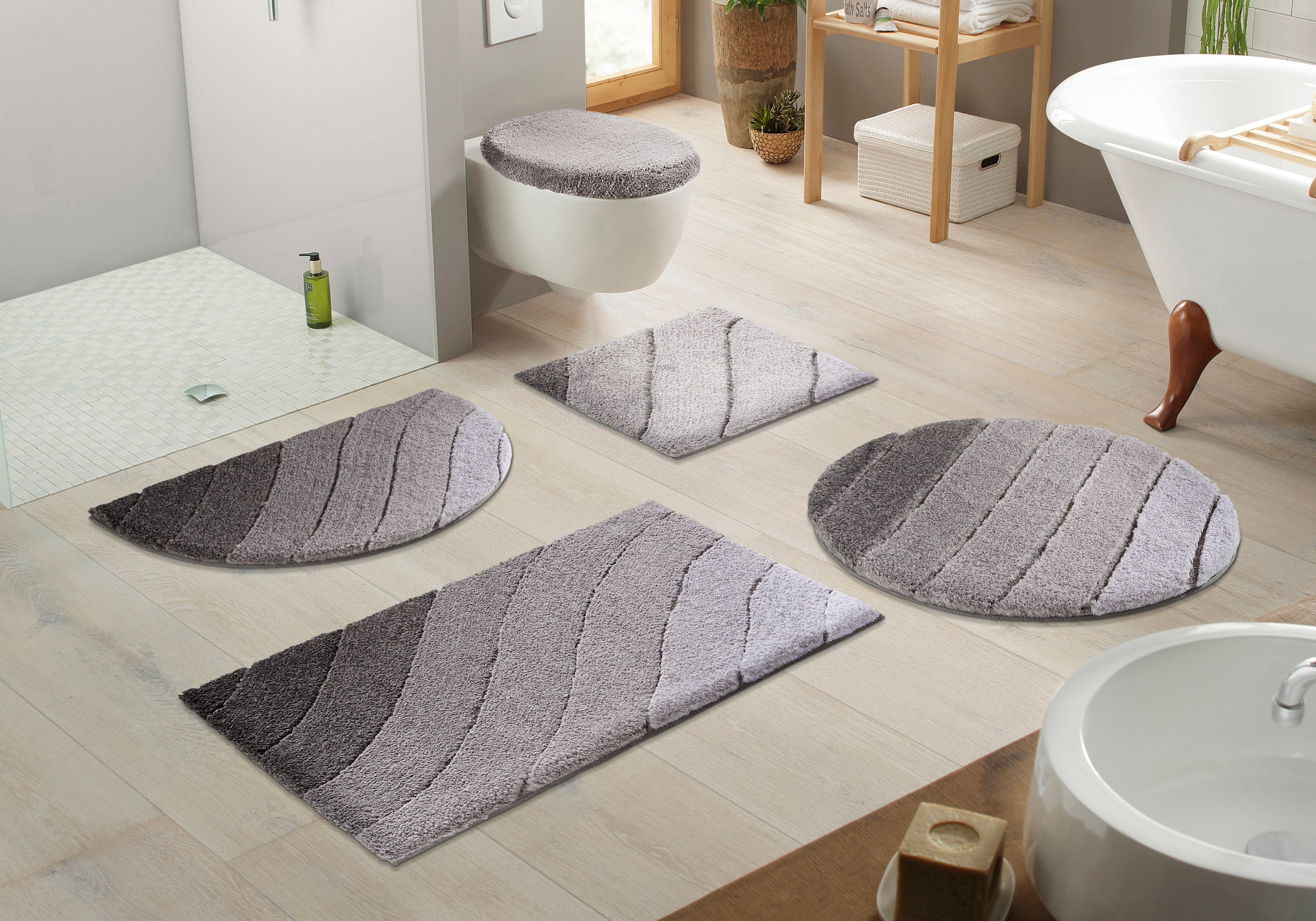 Kleine Wolke Badematte »Donna« Höhe 20 mm rutschhemmend beschichtet fußbodenheizungsgeeignet schnell trocknend Wellen Design, Pastell, 3-tlg. Set,...