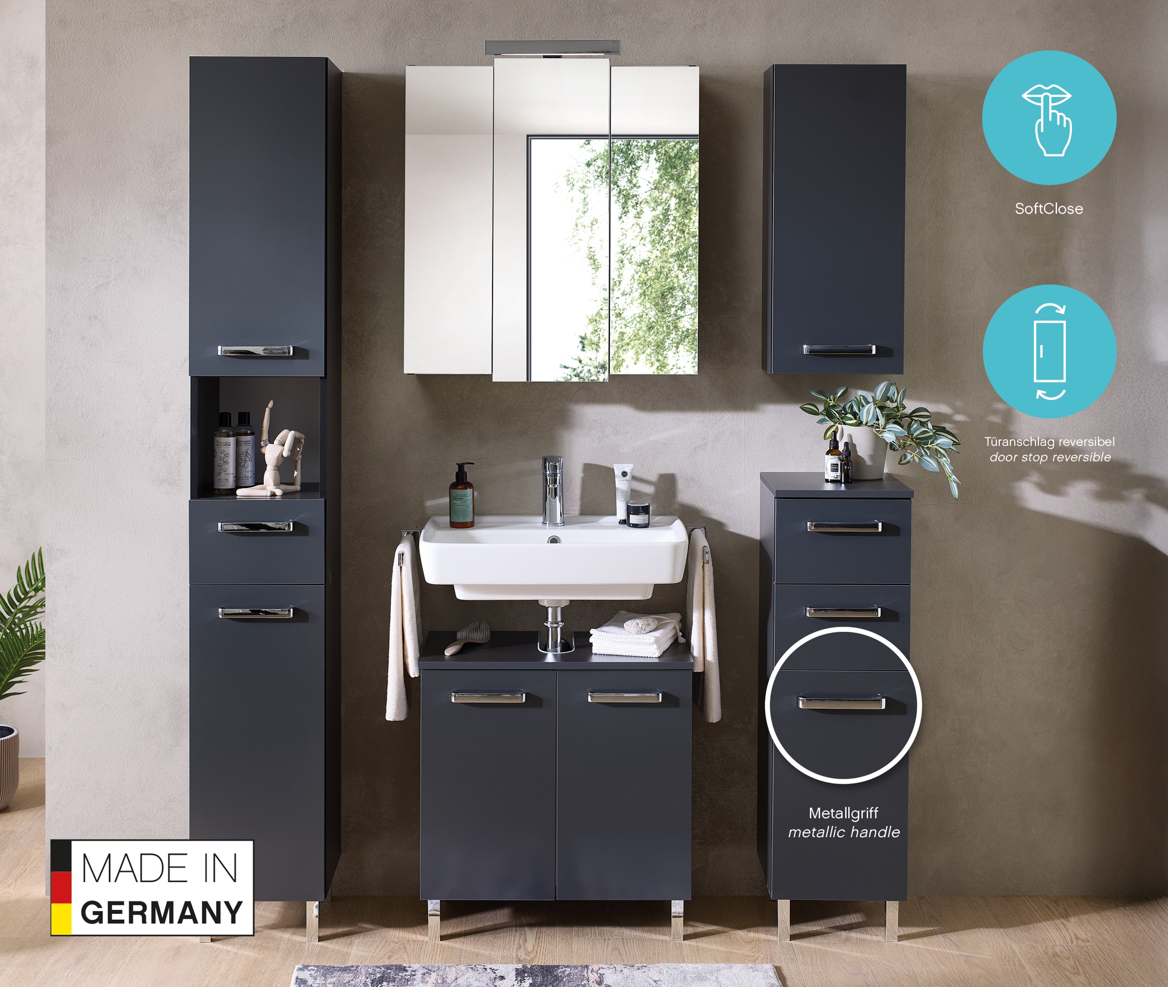 Saphir Unterschrank »Quickset Badschrank mit 1 Tür, 2 Schubladen, 30 cm breit« Badezimmer-Unterschrank inkl. Türdämpfer, Griffe in Chrom Glanz