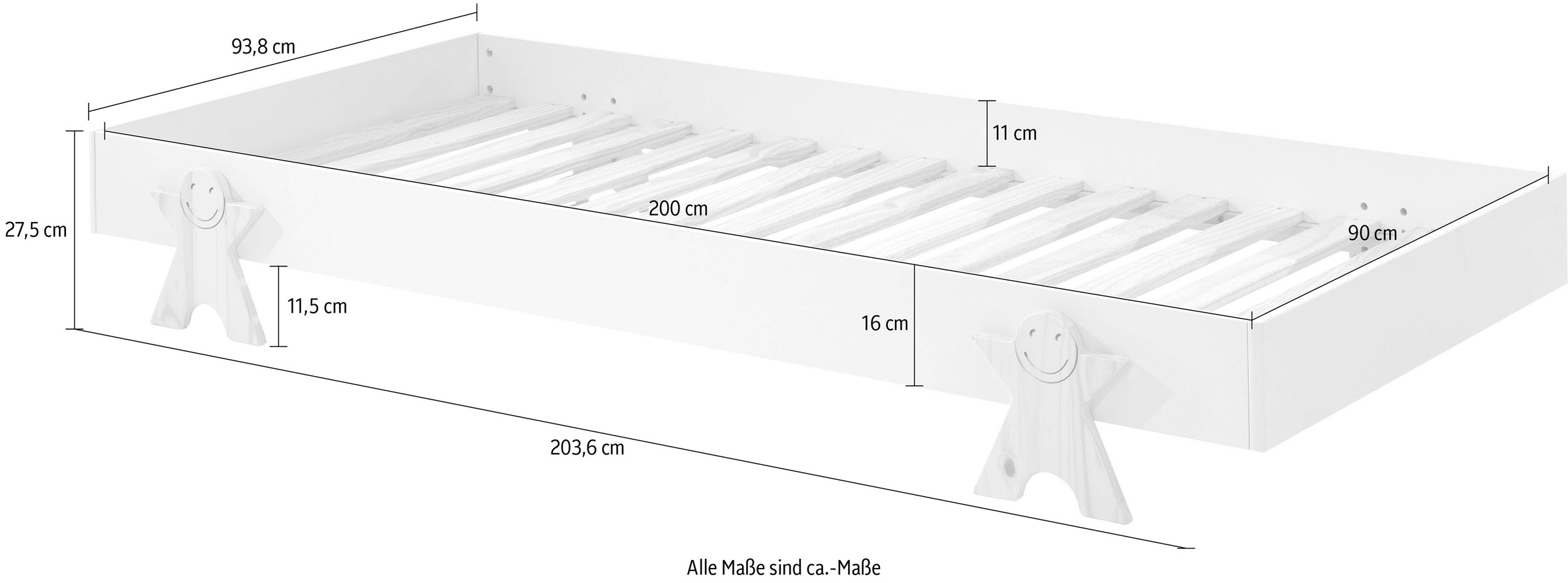 Vipack Kinderbett »Modulo, stapelbares Einzelbett, inkl. Rolllattenrost, 2 Farben«, (B/H/T ca. 203,6x93,8x48cm, Fuß Smile massiv, Bettseiten MDF lackiert), Liegefläche 90/200 cm, einzeln oder als 2-er Set erhältlich