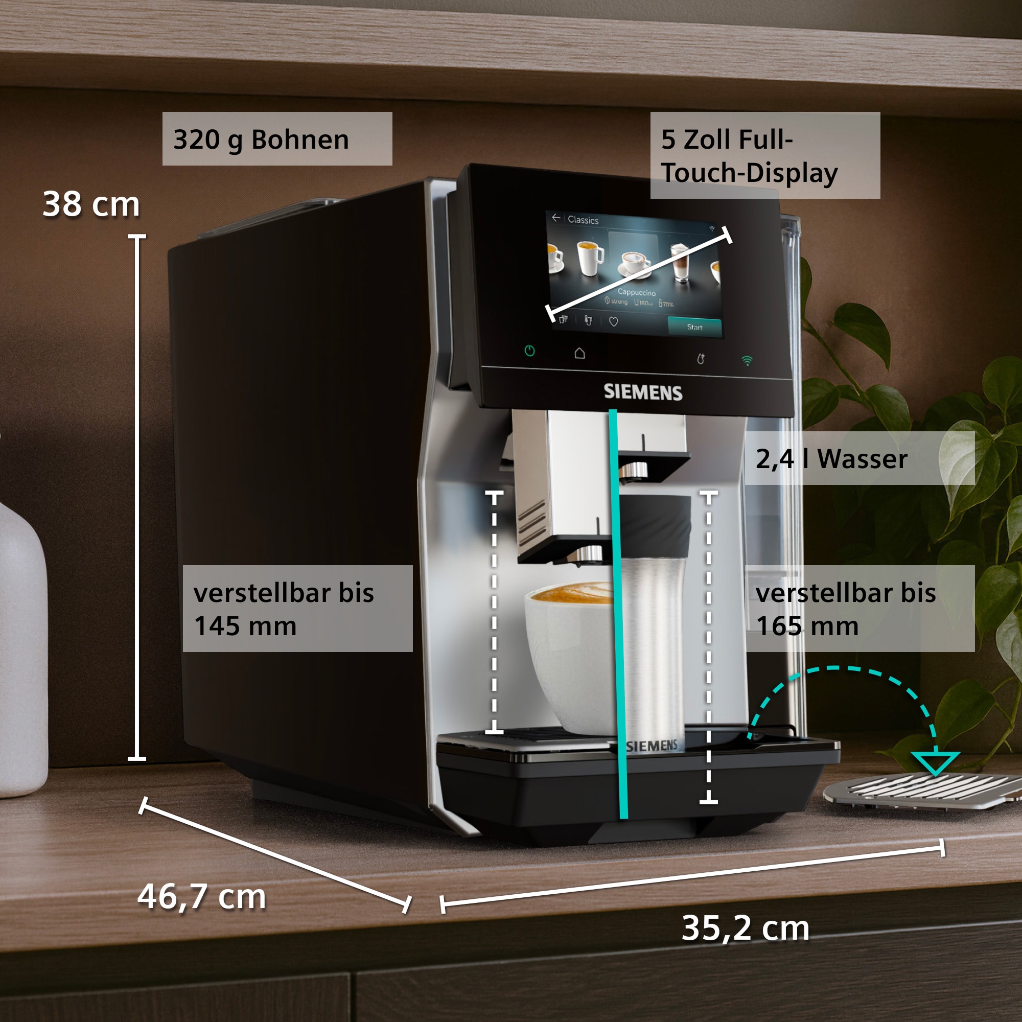 SIEMENS Kaffeevollautomat »TP725ET7« farbiges Full-Touch-Display, Doppeltassenfunktion, sehr leise, silber