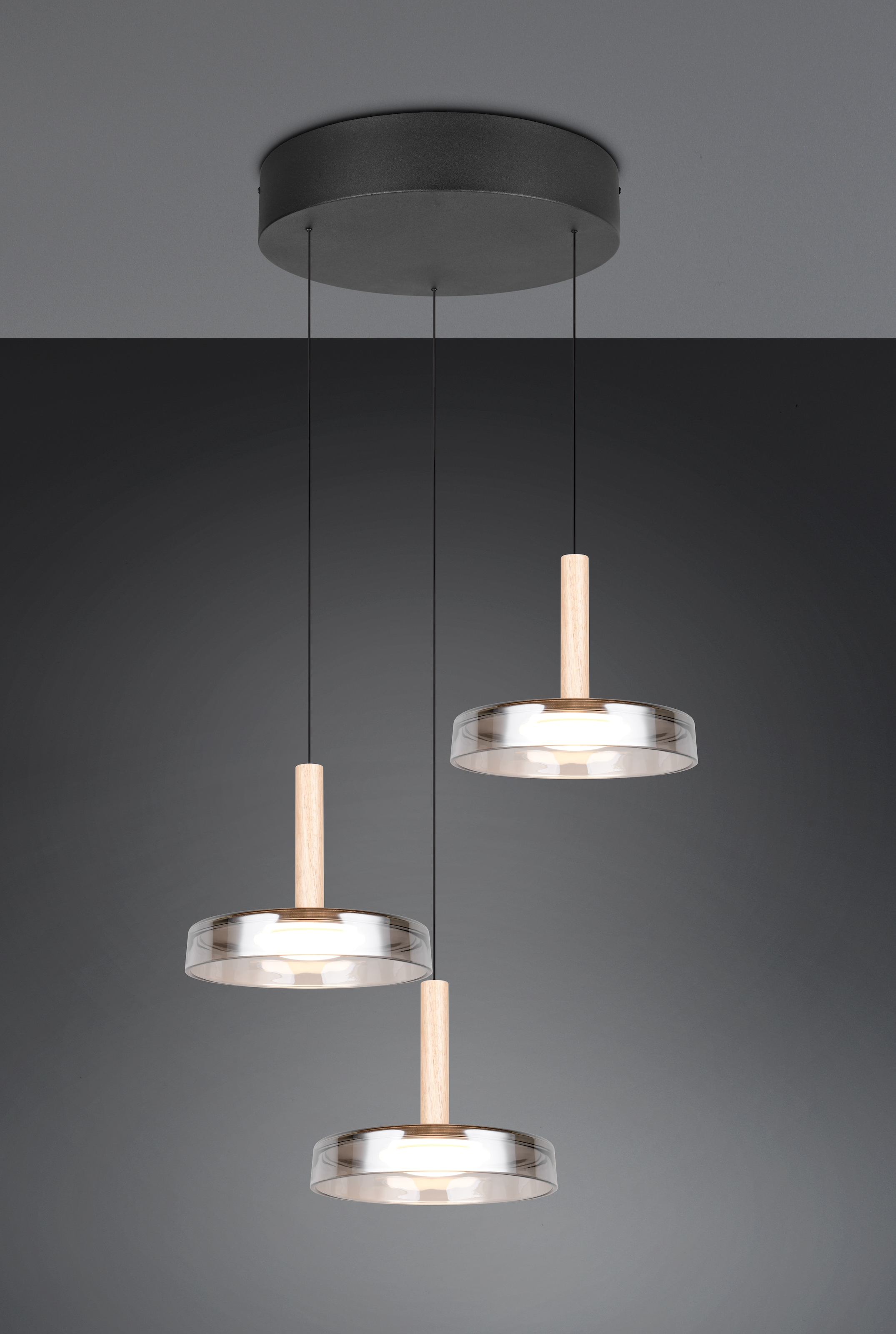 TRIO Leuchten LED Pendelleuchte »CELESTE dimmbare LED Hängelampe aus Metall Glas & Holz, 7,5W 750 Lumen« LED-Board 1 Stk. Warmweiß 3-flammig einfach höhenverstellbar von 50-200 cm 3-Stufen Dimmfunktion