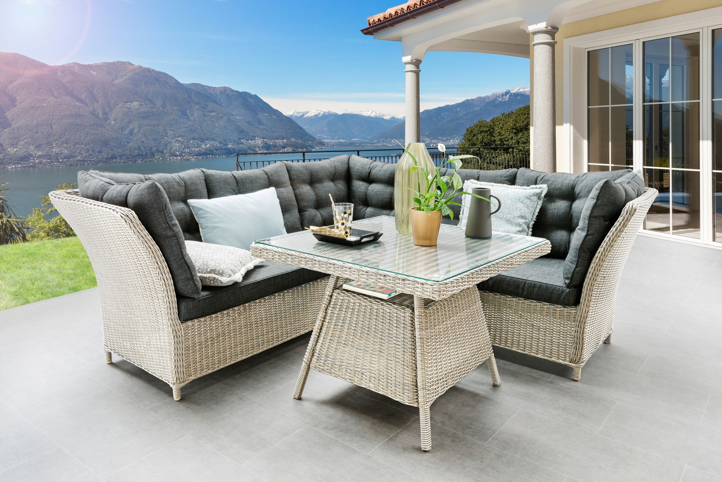 Destiny Gartenlounge-Set »Palma«, (14 tlg.), Eckbank, Tisch, Alu/Polyrattan, inkl. Auflagen