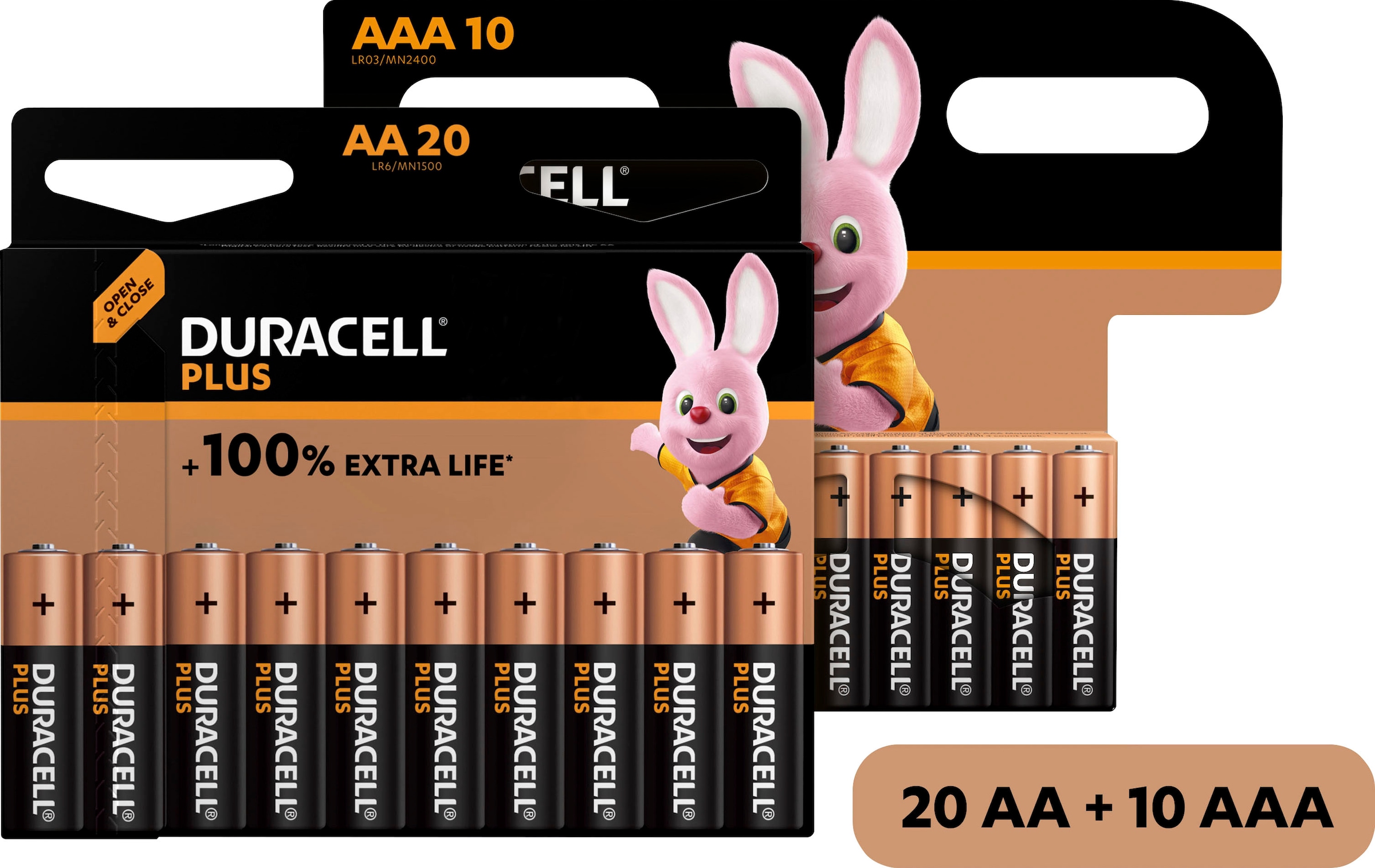 Duracell Batterie »20+10 Pack: 20x Mignon/AA/LR06 + 10x Micro/AAA/LR03«, LR06, (Spar-Set, 30 St., Alkaline Batterie, 30 Stück), 1,5V