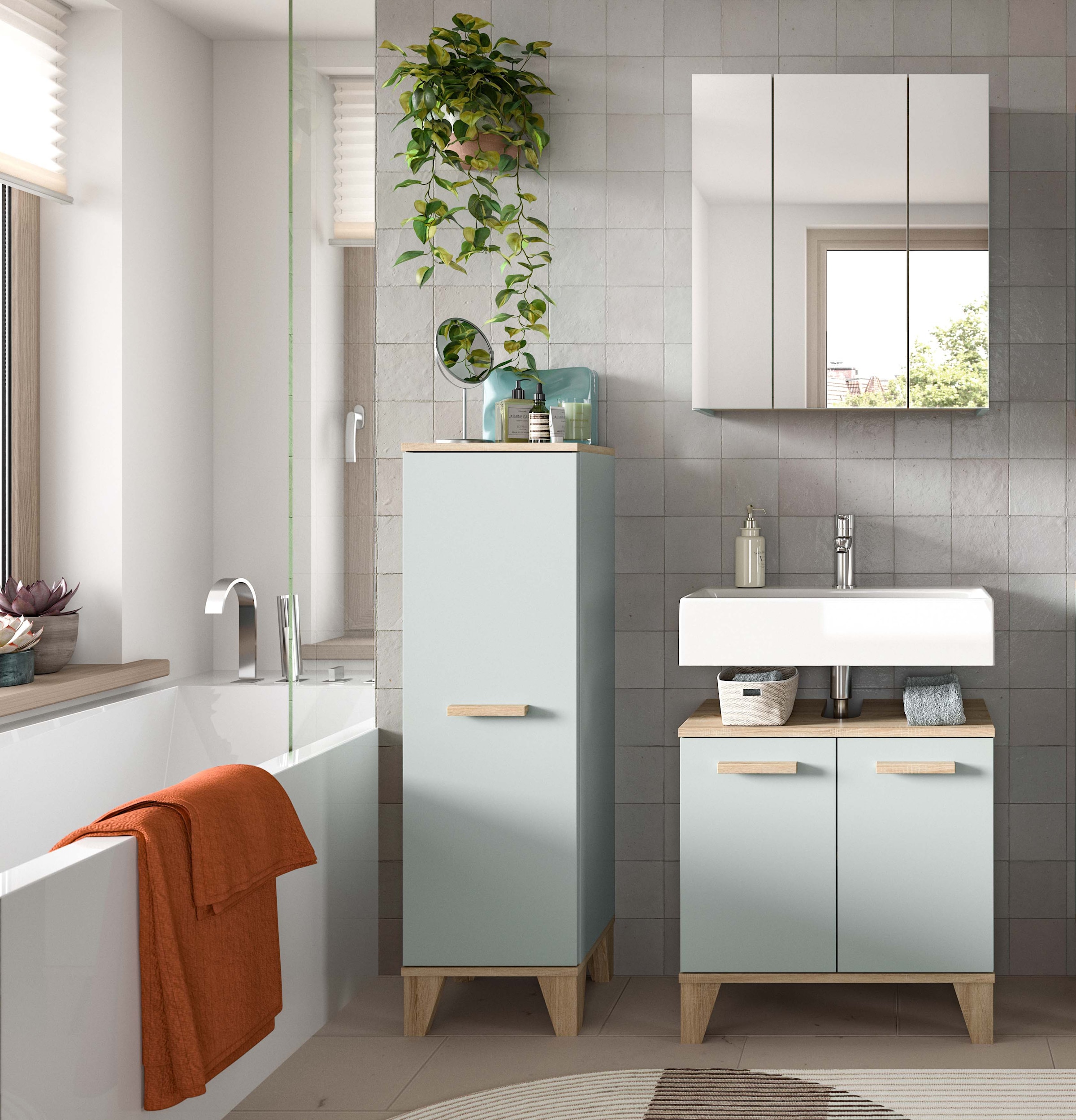 welltime Badmöbel-Set »MINTTU, 3-teilige moderne Badkombination im SCANDI-Look« bestehend aus: Midischrank, Waschbeckenunterschrank & Spiegelschrank, 3 Stk. tlg.