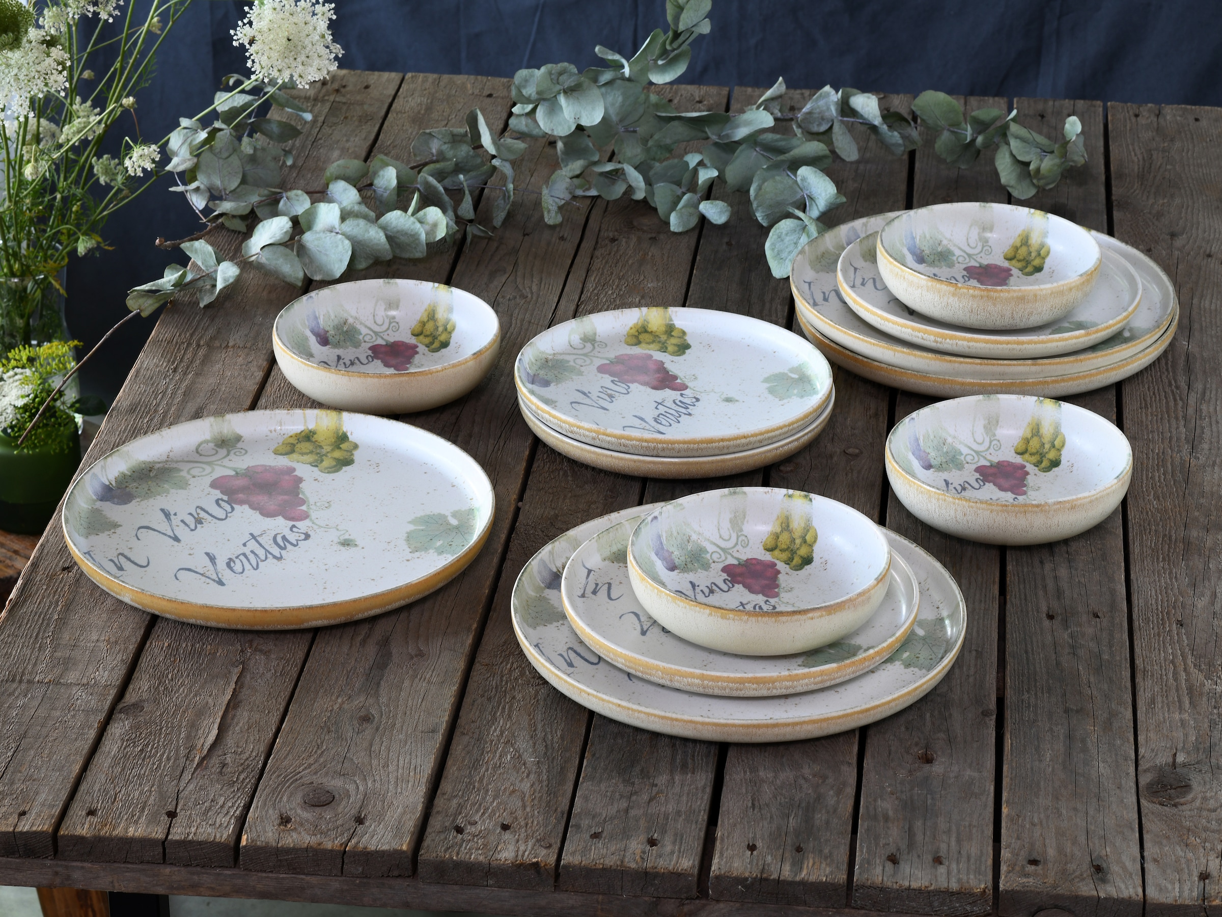 CreaTable Teller-Set »Uno In Vino Veritas, Teller Set 12-tlg« Weintraubenmotive, Vintage Style