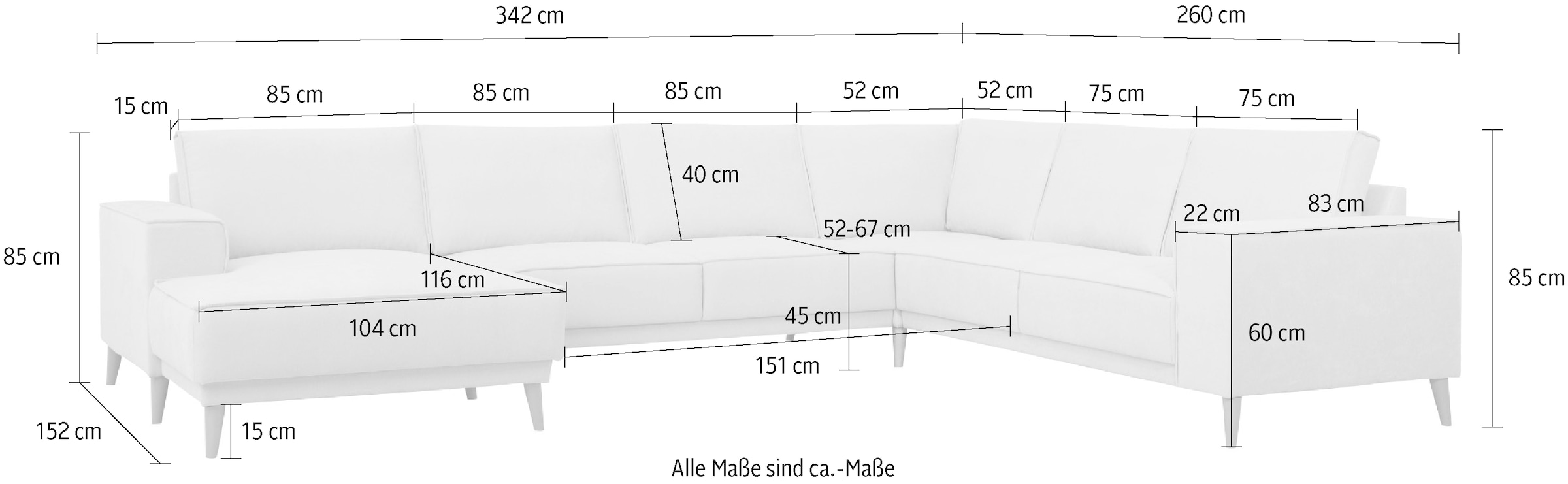 OTTO home Wohnlandschaft »Oland Skandi, weicher Chenille-Stoff« U-Form, 342 cm, Wellenunterfederung, Skandi-Design, Massivholzfüße