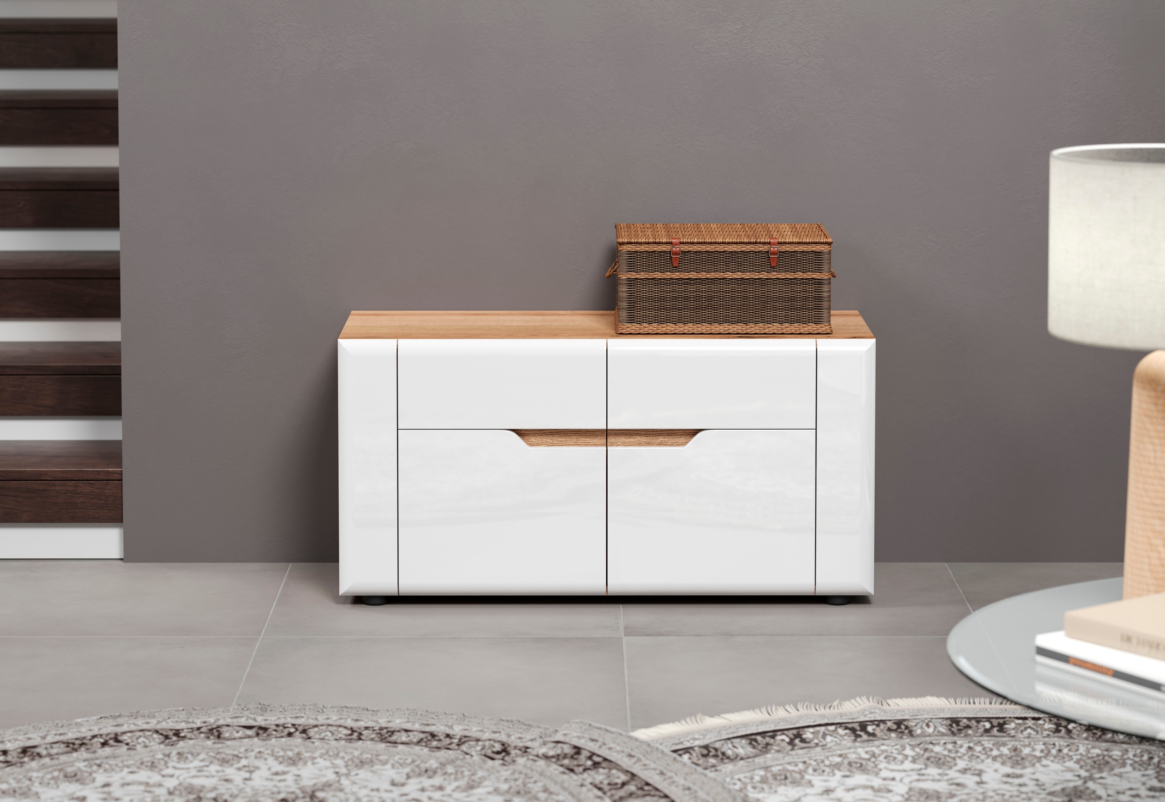 INOSIGN Sitzbank »Graz«, (Packung, 1 St.), Maße (B/H/T in cm): (91/47/38) - Farbe Weiß Hochglanz und Eiche