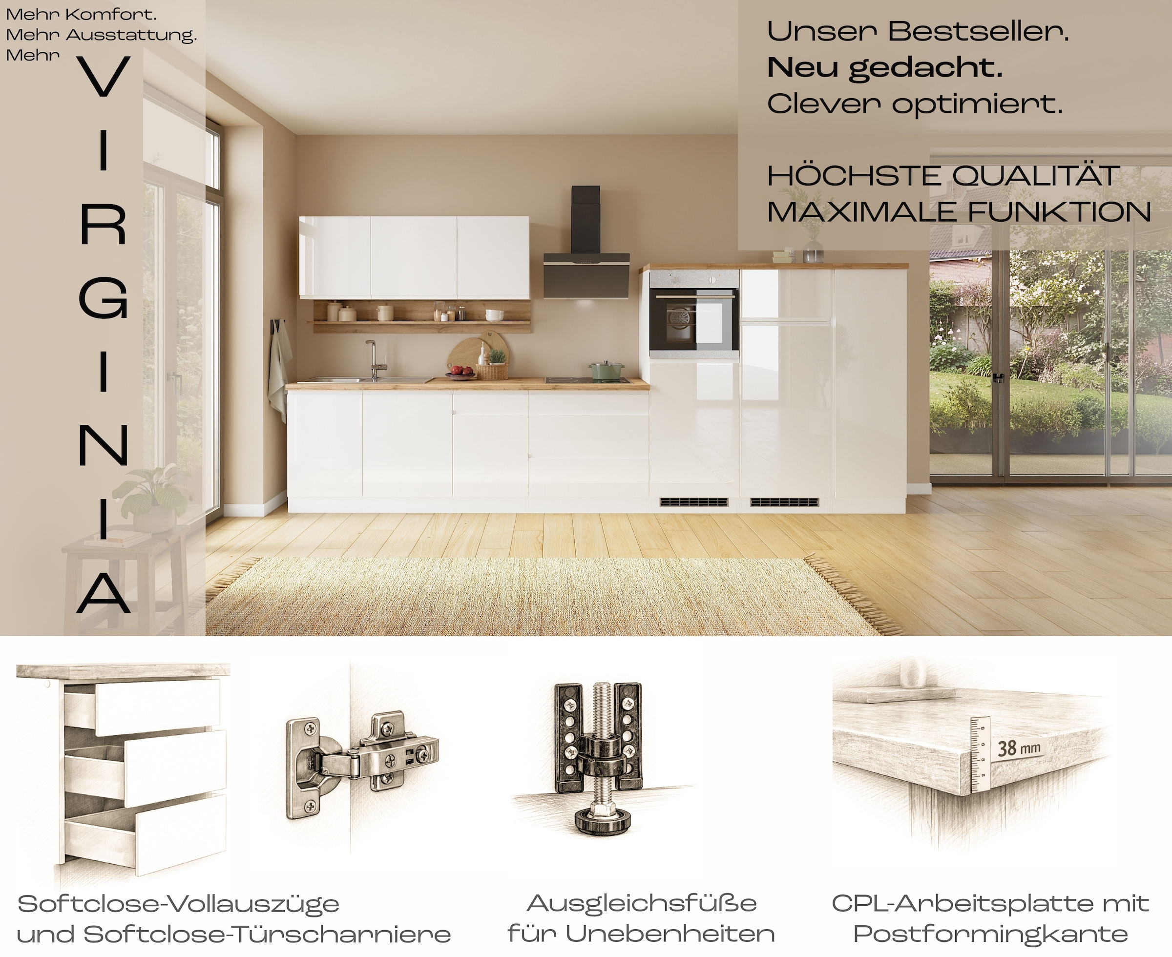 KOCHSTATION Küchenzeile »KS-Virginia,neu in verbesserter Ausführung« Arbeitsplatte 38 mm stark, Stauraum, Softclose,  Breite 300 cm, Soft-Close, wahlweise mit E-Geräten