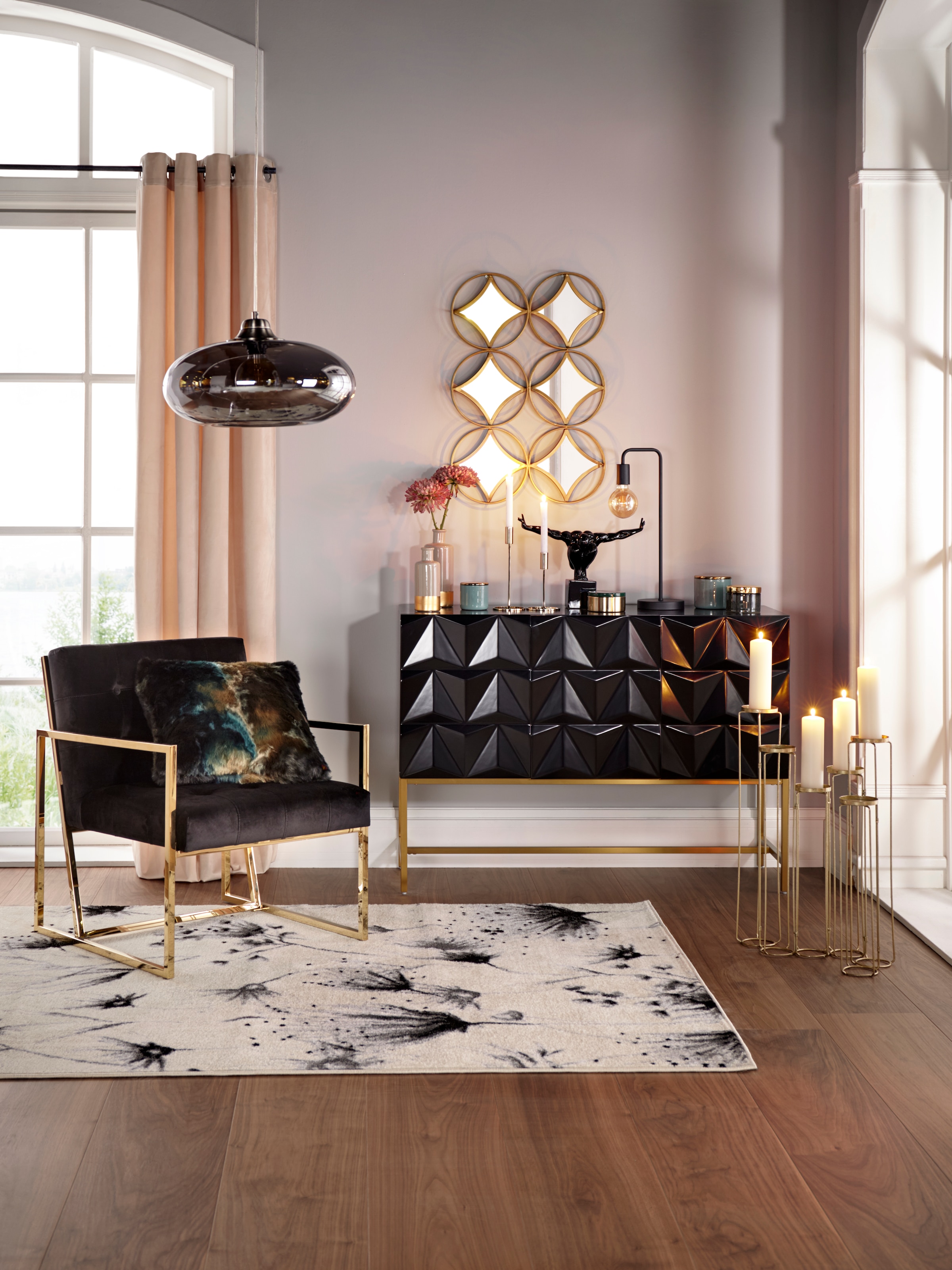 Leonique Sideboard »Rovuma«, in 3D-Optik und goldfarbenem Metallgestell