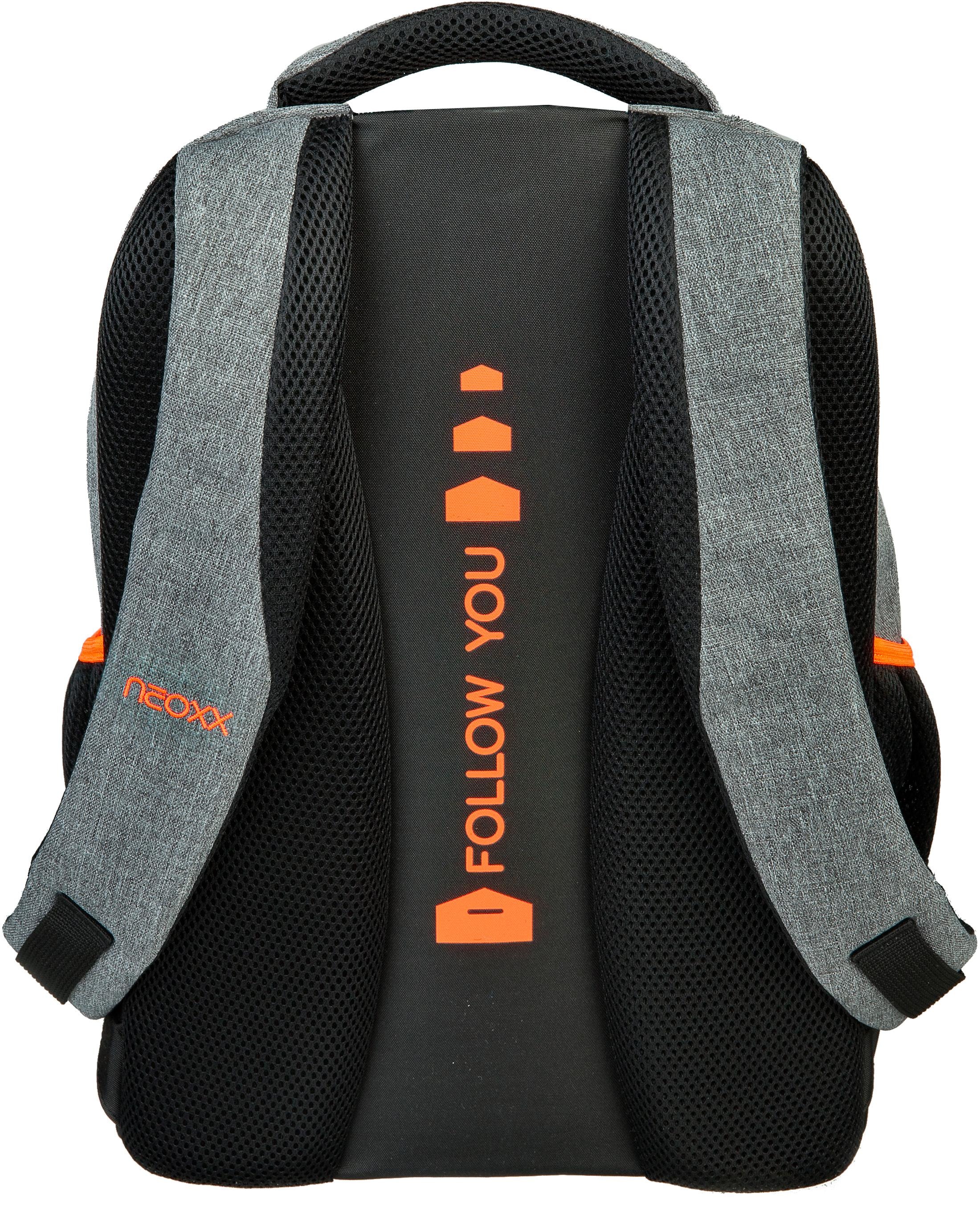 neoxx Schulrucksack »Fly, Stay orange«, Reflektionsnaht, aus recycelten PET-Flaschen