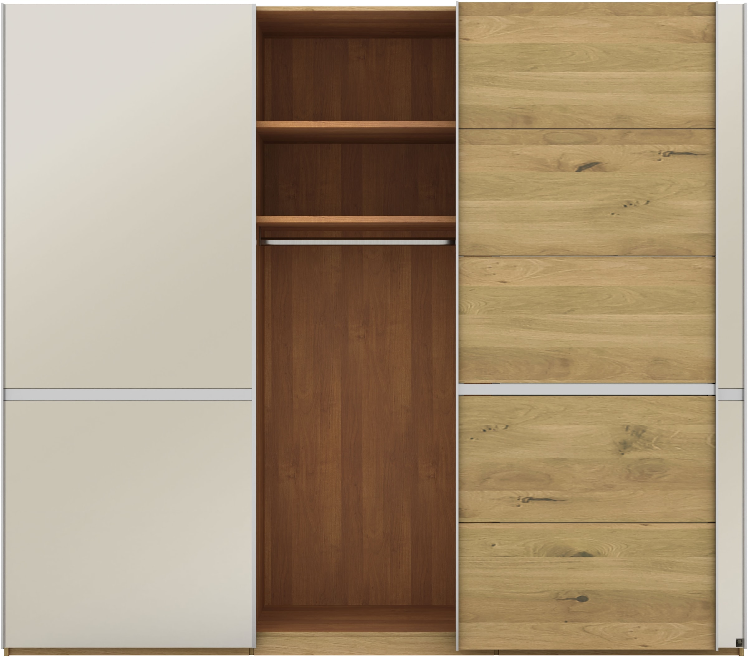 Musterring Schwebetürenschrank »Savona, Kleiderschrank, Schrank, Garderobe, mit Schiebetüren«, (Teilmassiv Bianco-Eiche, mit Spiegel oder Glas, MADE IN GERMANY), Türen Bianco-Eiche massiv, Spiegel-/Glastüren, eingelegte Chromleiste