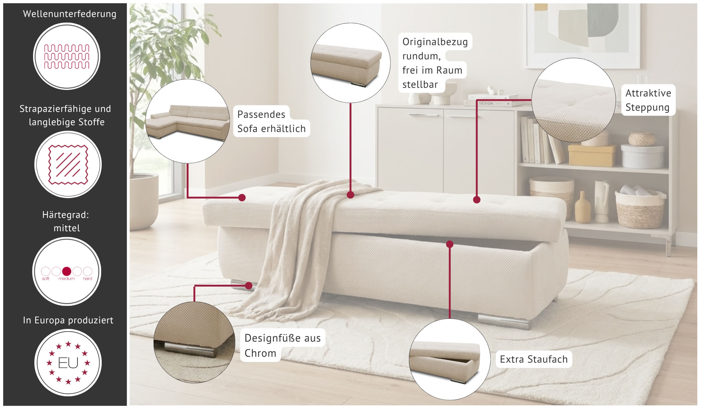 OTTO home Hocker »Torrnby, 161 cm breit, extra groß mit großem Staufach« aus Luxus-Microfaser oder haustierfreundlichem Pet Friendly Bezug
