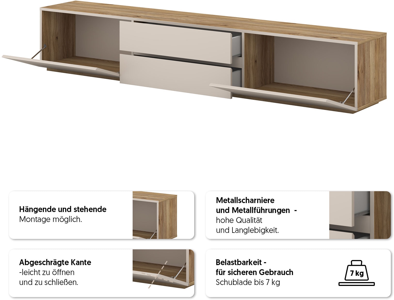 INOSIGN Lowboard »Criss, Breite 200 cm, moderne grifflose TV-Kommode«, TV-Kommode, TV-Schrank, hängend und stehend montierbar