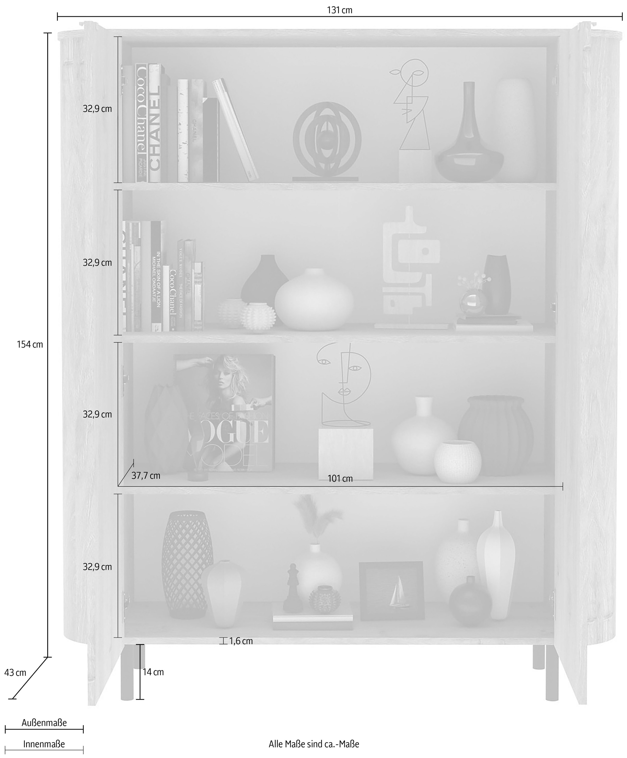 Home affaire Highboard »Murano, B/H 131/154 cm, 2 Türen, Stauraumschrank, Hochkommode« Formgebogenes MDF, Stirnseiten mit Rundung, Füße und Griffe aus Metall