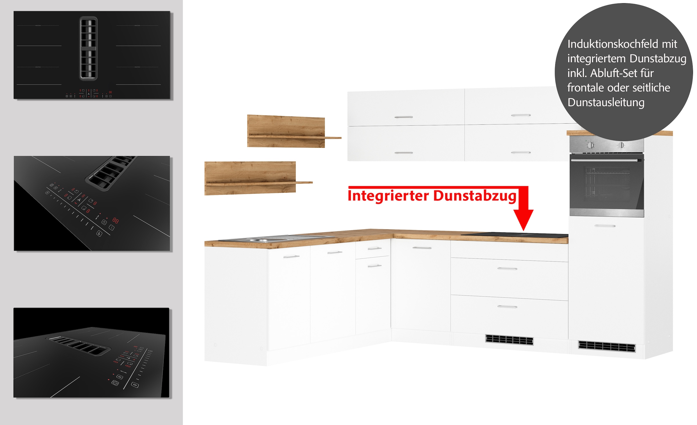 KOCHSTATION Winkelküche »KS-Milan, optional mit Muldenlüfter«, Stellbr.270/220 cm, wahlweise mit E-Geräten, Kochfeld mit Dunstabzug