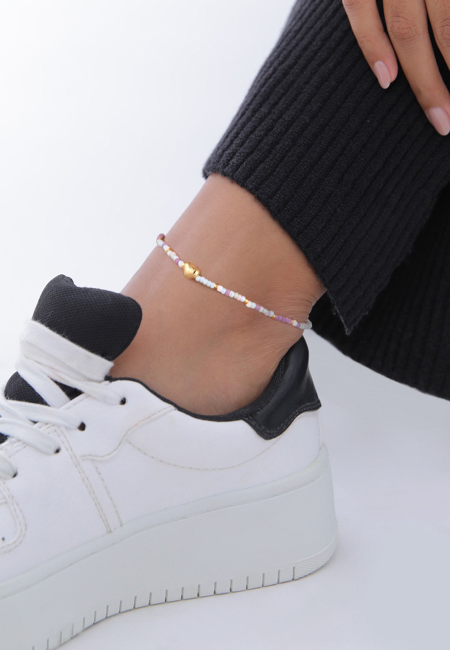 Elli Fußkette »Fußschmuck Herz Glas Beads Sommer Style 925 Silber vergoldet«