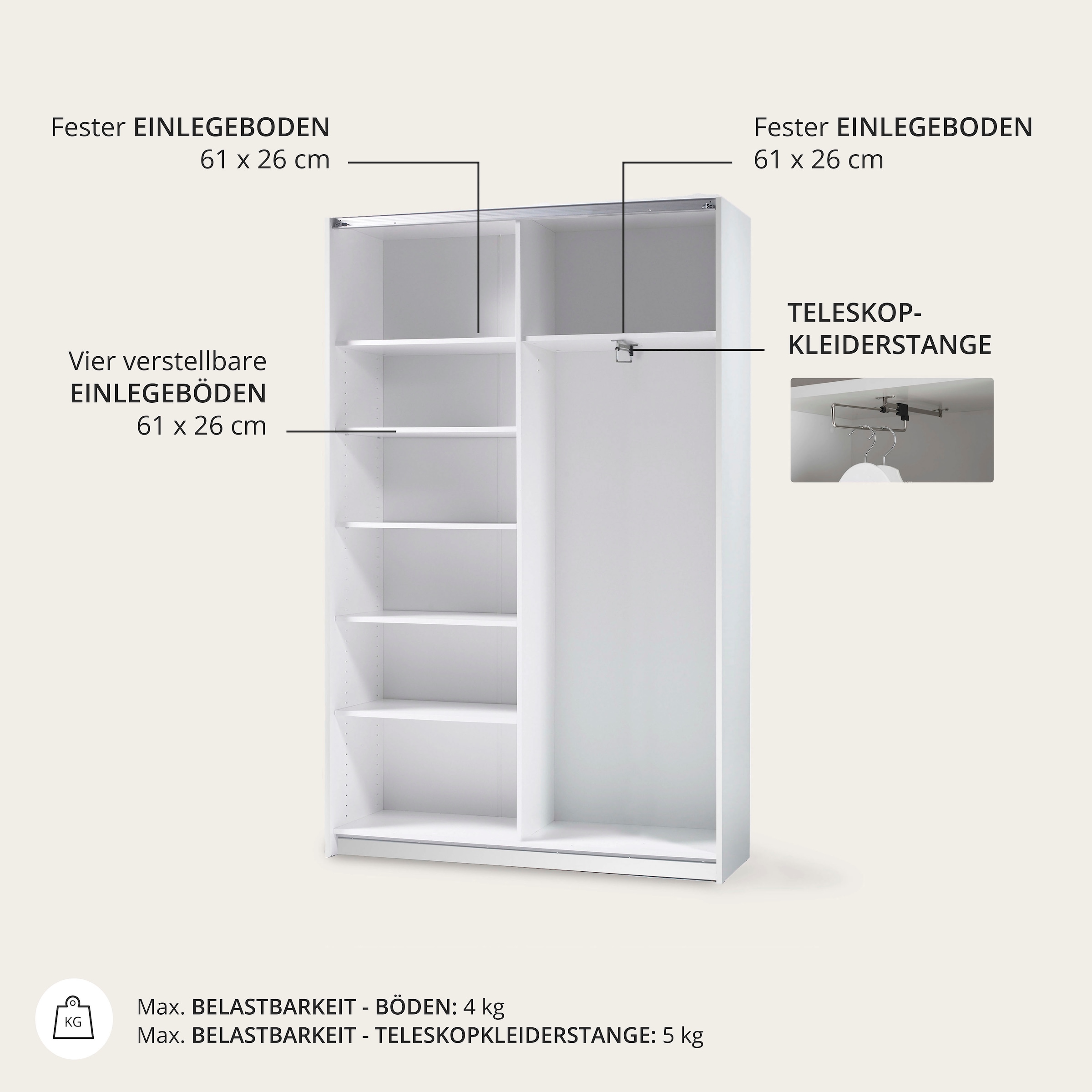 Schlafkontor Schwebetürenschrank »Heimo/Fast Schrank Kleiderschrank Garderobe«, geringe Tiefe, ausziehbarer Kleiderstange, Garderobenschrank, 6 Böden