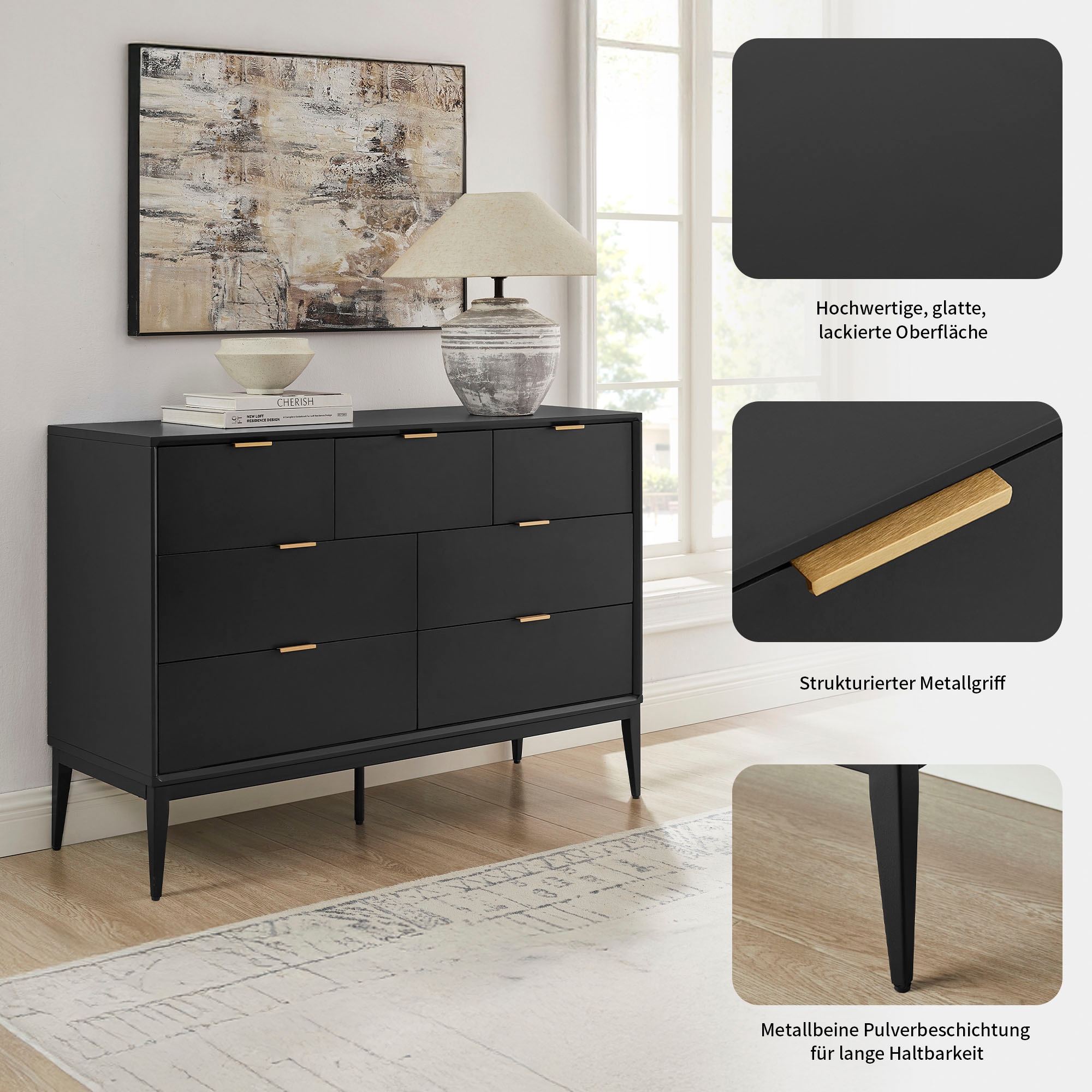 Leonique Kommode »Lavisha« FSC-zertifiziertes Holz kombiniert Melamin, verchromten Metallgriffen