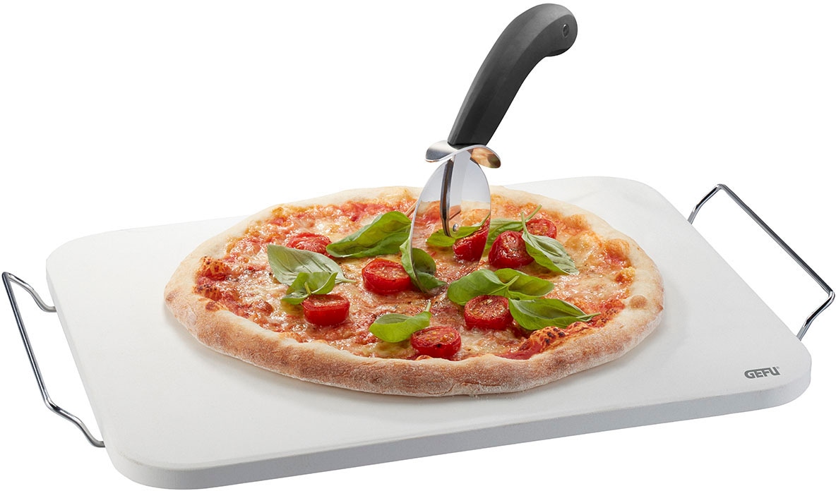 Pizzastein-Set: Pizzastein DARIOSO mit Gestell + Pizzaschneider + Pizza-Schieber