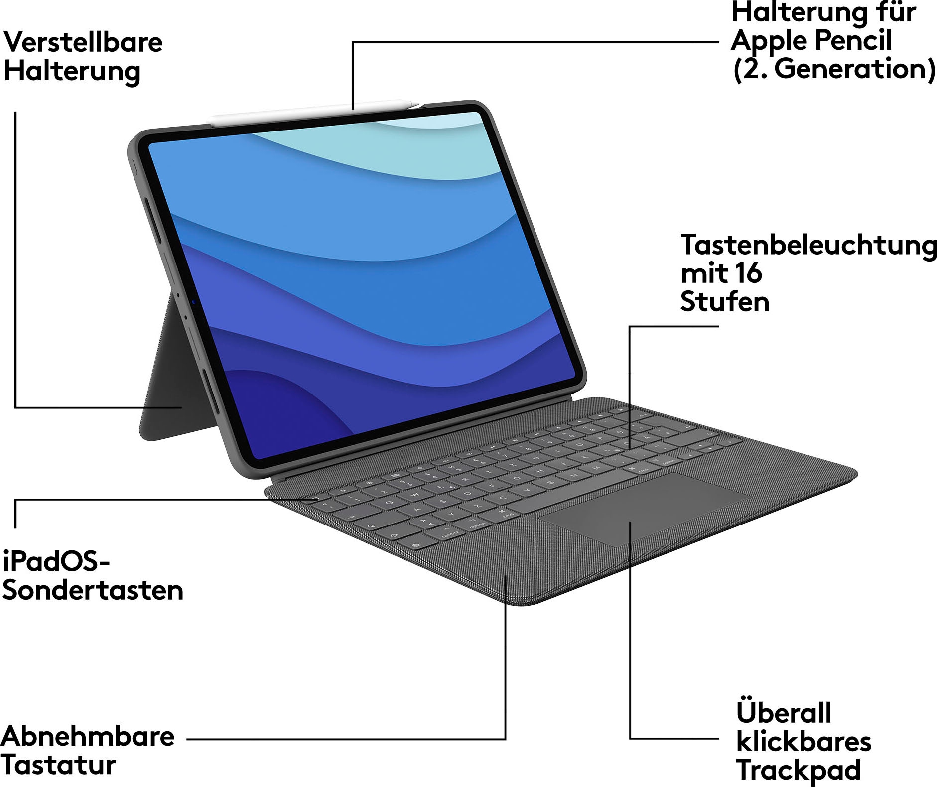 Logitech iPad-Tastatur »Combo Touch iPad Pro 12,9 (5. Gen - 2021) Keyboard Case«, (ausklappbare Füße-Multimedia-Tasten)