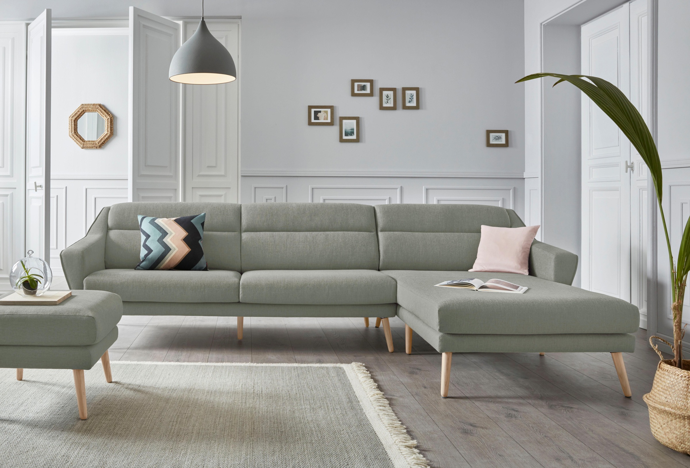 OTTO home Ecksofa »Bille L-Form« mit Naht im Rückenkissen und Beinen aus Eichenholz