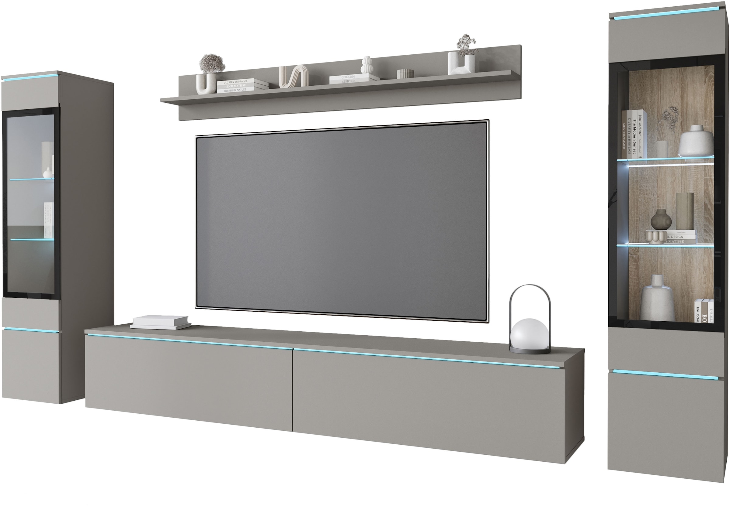 INOSIGN Wohnwand »VERA II, Vitrinen Türanschlag wechselbar«, (Komplett-Set, 4 St.), Vitrine mit Verglasung, stehend und hängend, inklusive Beleuchtung