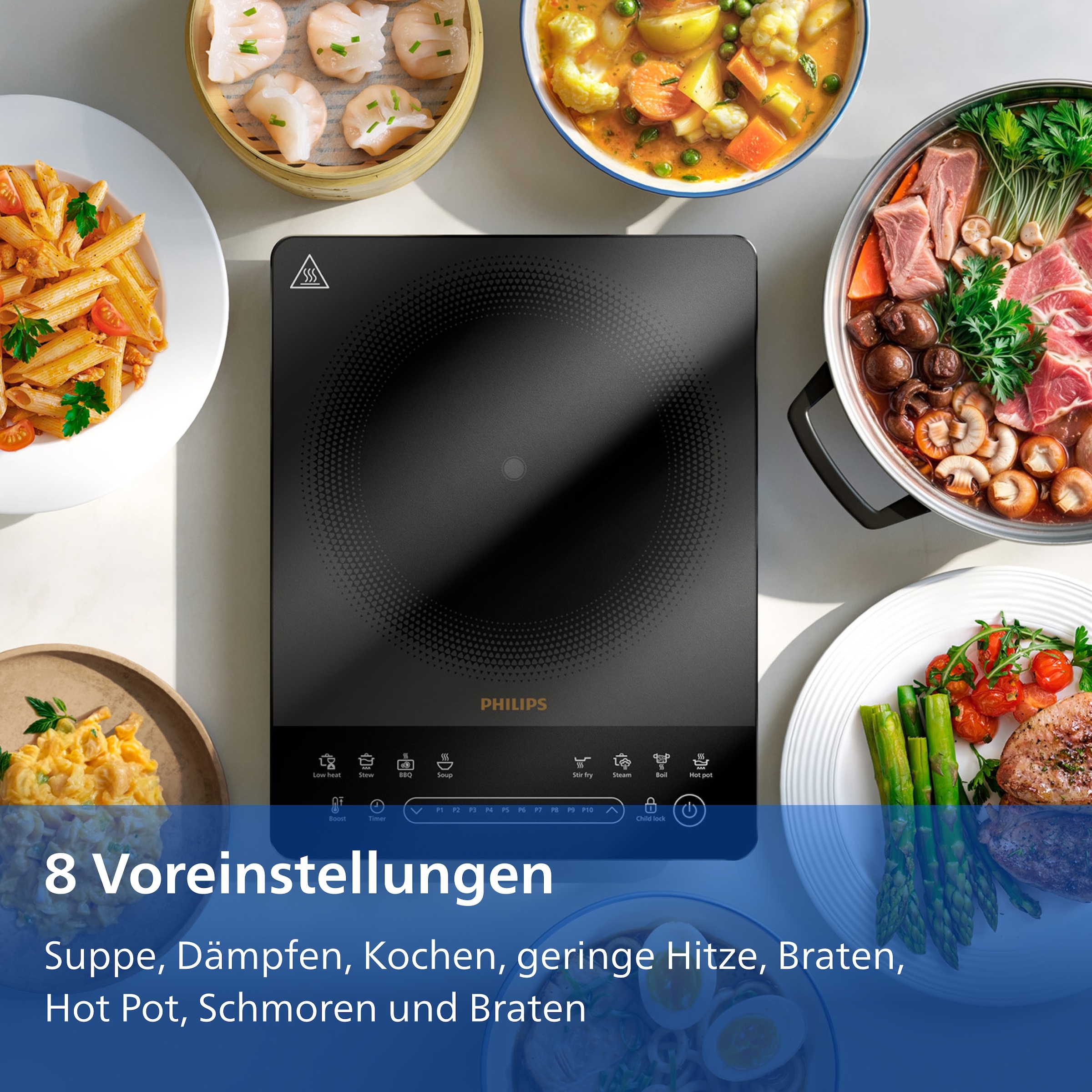 Philips Einzel-Induktionskochplatte »HD5850/90 5000 Series mit 10 Heizstufen, Boost-Funktion u. Timer« Ultraflaches Design, automatische Pfannenerkennung, Touch-Display