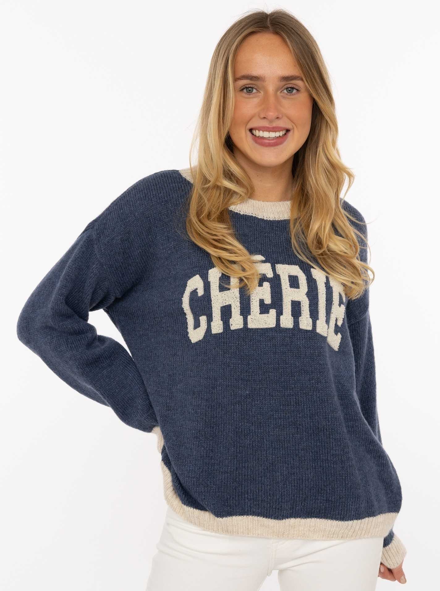 Zwillingsherz Strickpullover »"Cherie"« Rundhals, farbig abgesetzte Kanten, Schriftzug, One Size