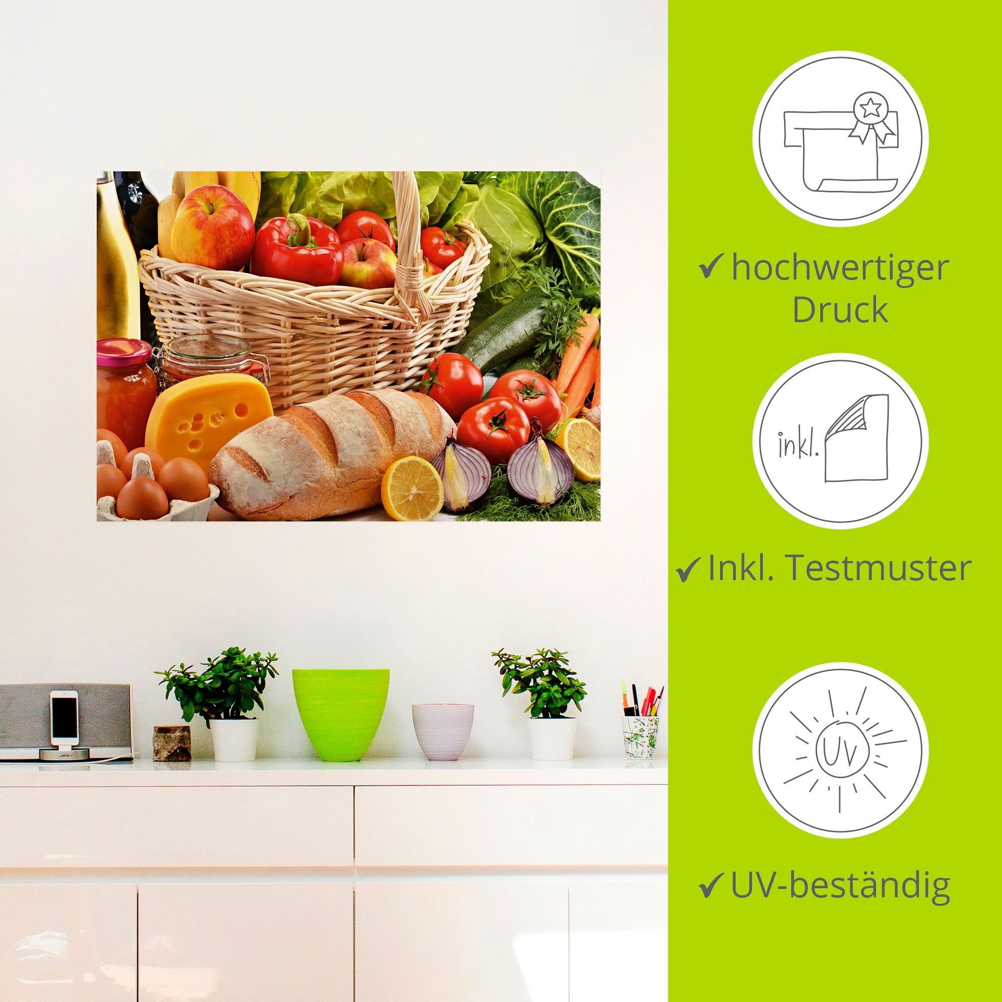 Artland Wandbild »Gesund Leben - Obst und Gemüsekorb«, Lebensmittel, (1 St.), als Alubild, Leinwandbild, Wandaufkleber oder Poster in versch. Größen