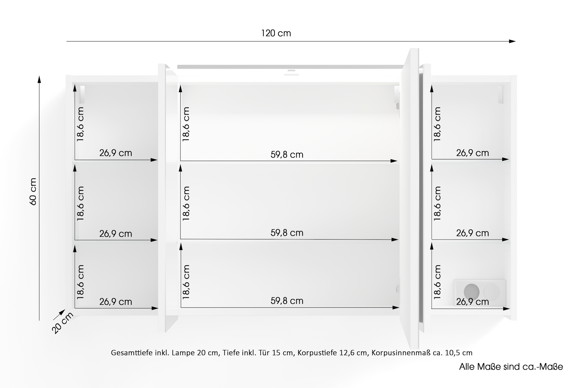 byLIVING Spiegelschrank »Serie Spree, in vielen Breiten erhältlich« Soft-Close, LED Beleuchtung mit Schalter- und Steckdosenbox