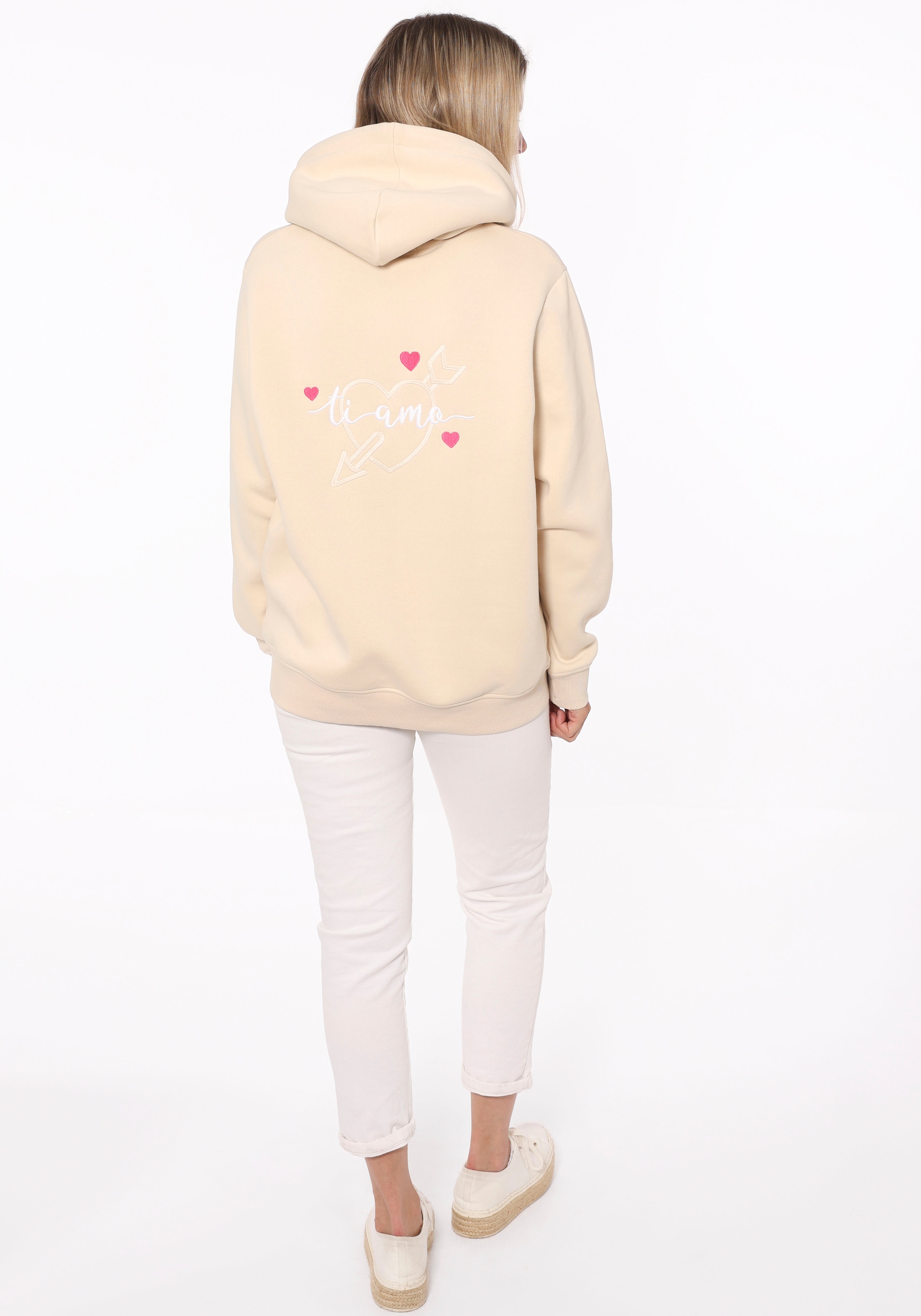 Zwillingsherz Hoodie, mit "Amore"-Aufstick und Herzchen am Rücken, Kapuze
