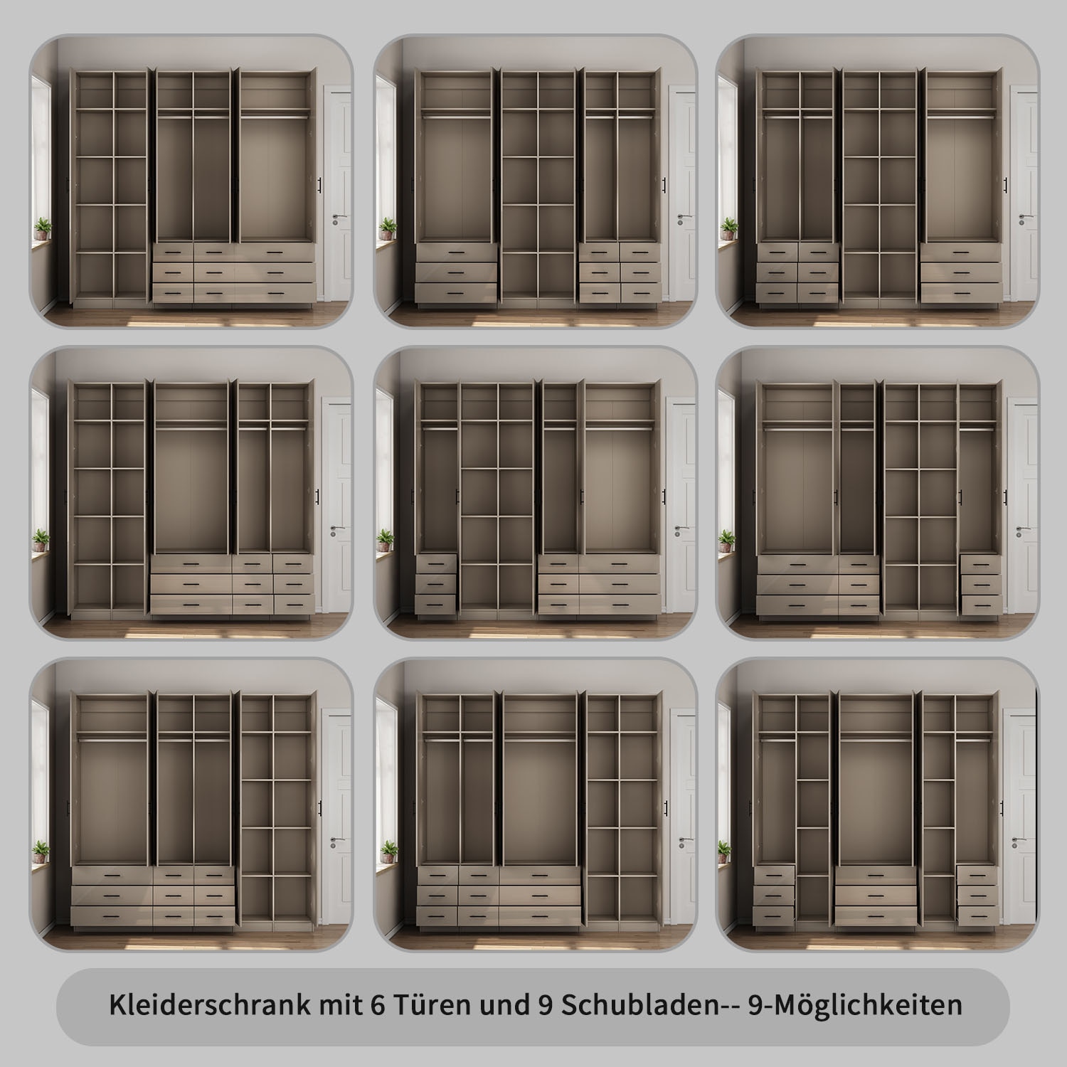OTTO home Kleiderschrank »Trento Schlafzimmerschrank Garderobe hochglanz« in 2 unterschiedlichen Schrankhöhen wählbar,  Schrank mit 6 Türen und 9 Schubladen, Hochglanz-Fronten, 2,39m Höhe