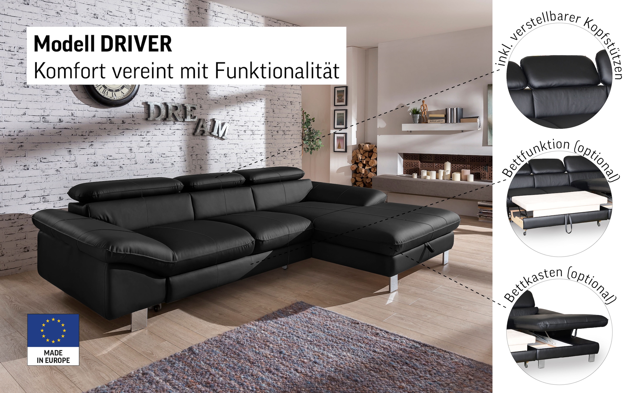 COTTA Ecksofa »Driver L-Form«, mit Kopfteilverstellung, wahlweise mit Bettfunktion & Bettkasten