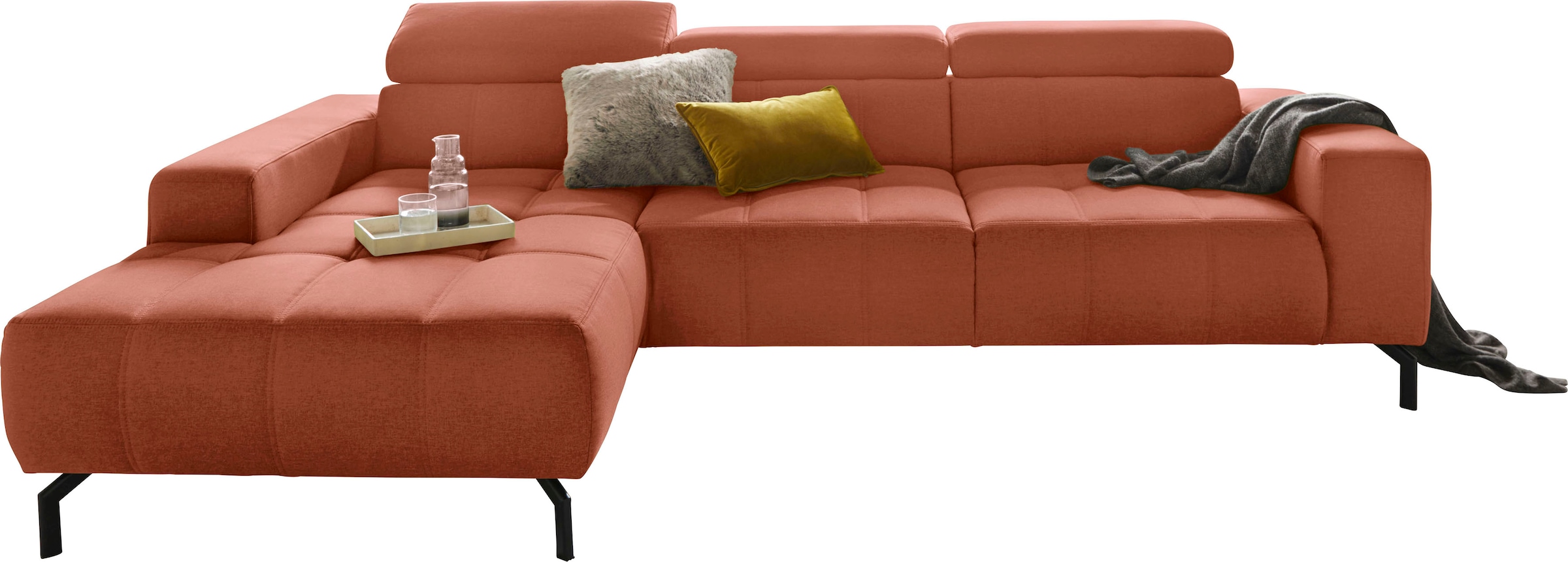 DOMO collection Ecksofa »Cunelli tolle Sitznähte als Designelement, fester Sitzkomfort, L-Form« wahlweise mit 6-fach verstellbarer Kopfteilverstellung, bodenfrei