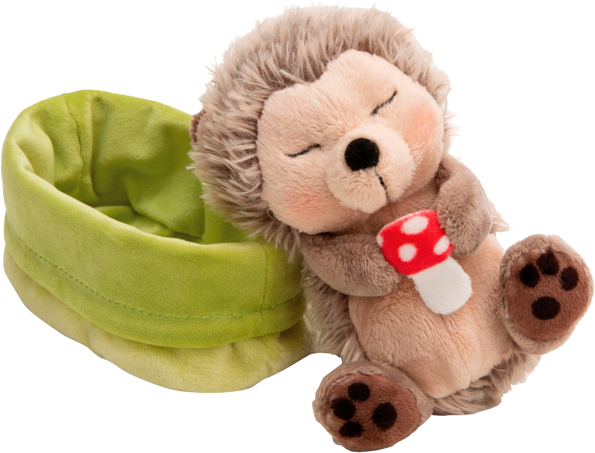 Nici Kuscheltier »Sleeping Pets GREEN, Igel mit Fliegenpilz 12 cm hellgrün«, schlafend im Körbchen