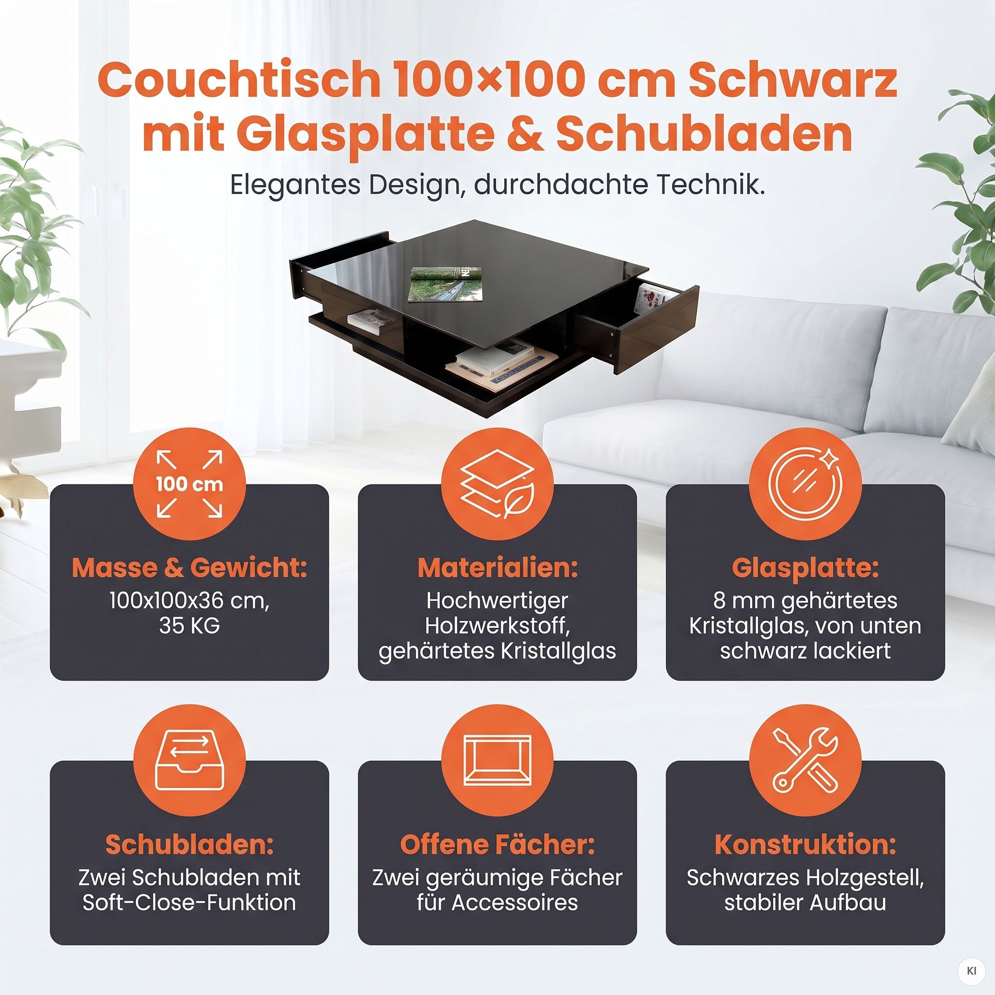 SalesFever Couchtisch »- stilvoll und praktisch« Kristallglas-Tischplatte, gehärtet und elegant