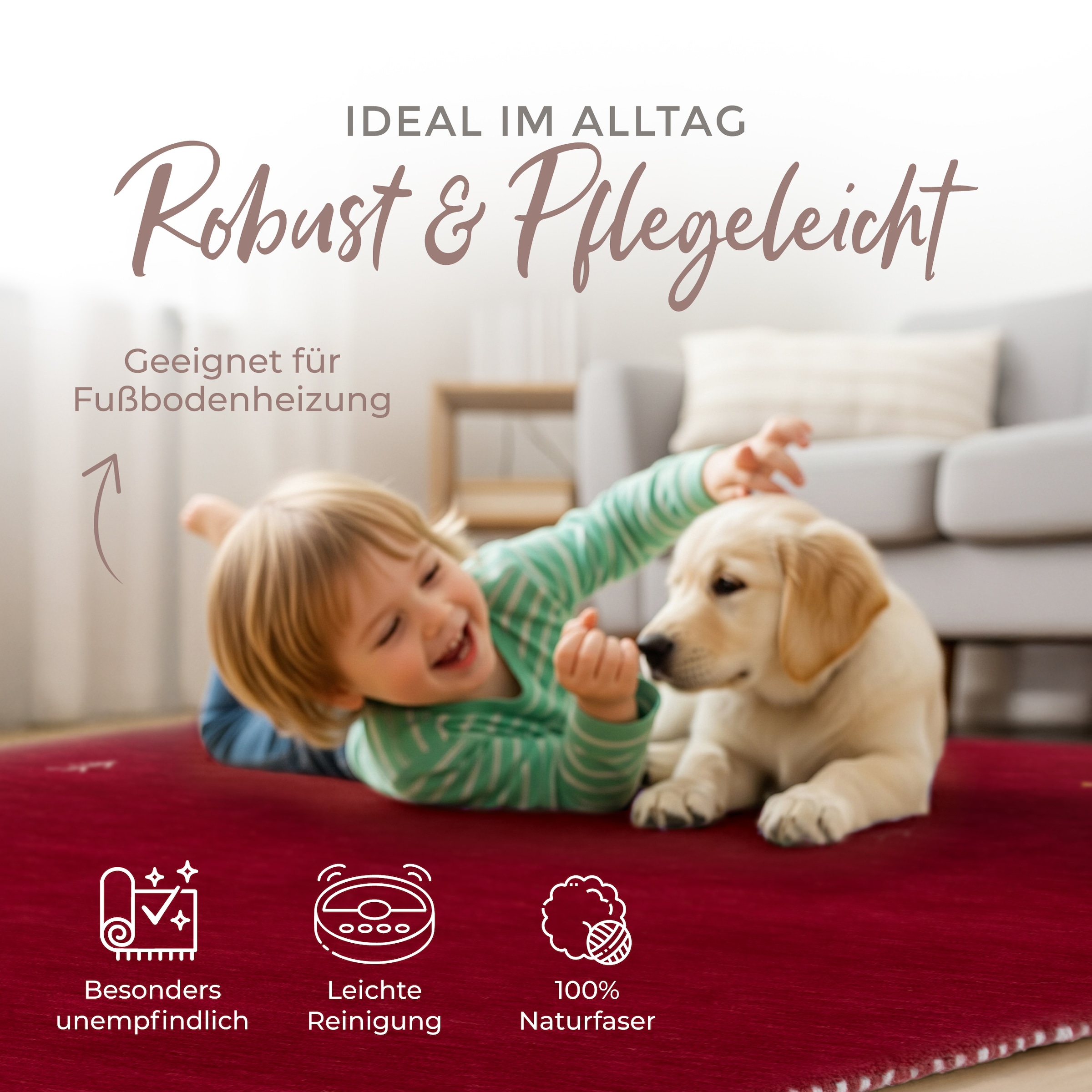 carpetfine Wollteppich »Gabbeh-Uni« quadratisch 15 mm Höhe reine Wolle, handgewebt, Gabbeh Loom Tiermotiv, Sonderform Quadrat