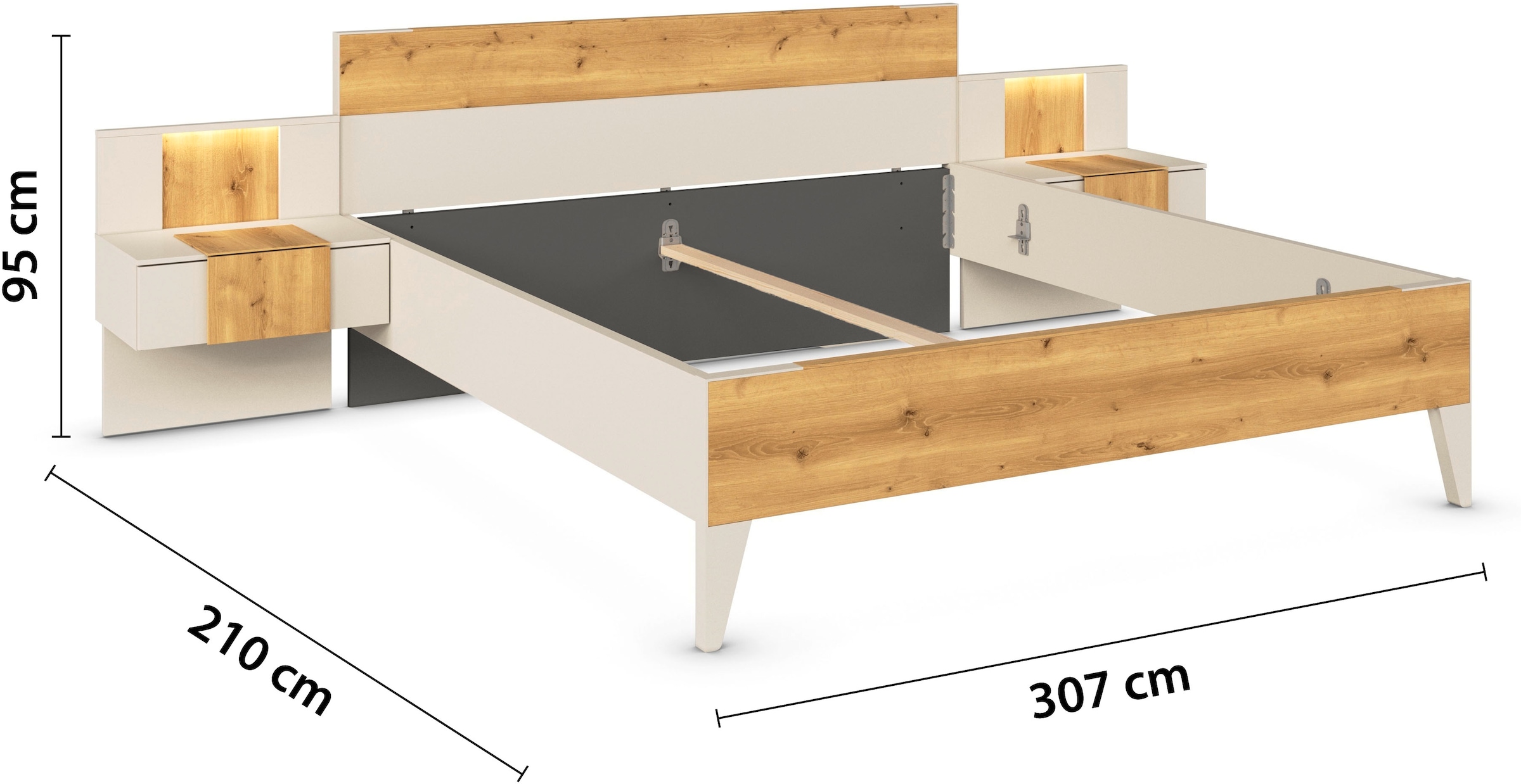 rauch Bettanlage »Bett Doppelbett Komfortbett Schlafzimmer Nachttische KONA« Set, Bett 180x200 oder 200x200, 2x Hängenachttisch, 2x Paneele mit Bel., 5 tlg. tlg. Absetzung Asteiche massiv, inkl. SOFT-CLOSE-FUNKTION MADE IN GERMANY