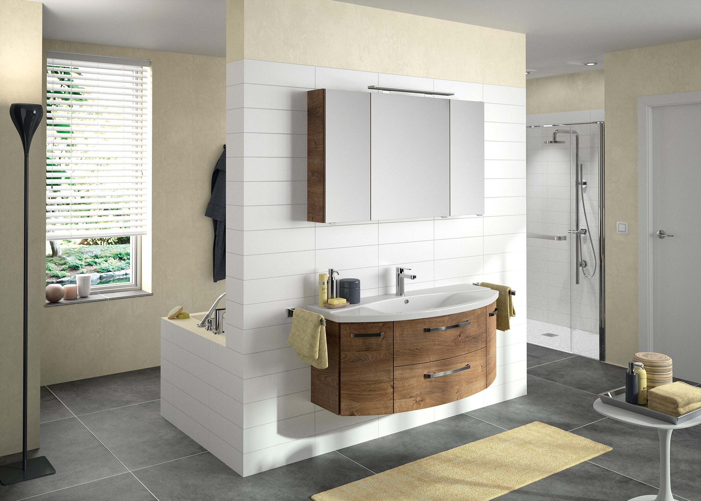 Saphir Badezimmerspiegelschrank »Serie 4010 Badezimmer-Spiegelschrank inkl. LED-Aufsatzleuchte«, Badschrank 120 cm breit, 3 Türen, 6 Glas-Einlegeböden, inkl Türdämpfer